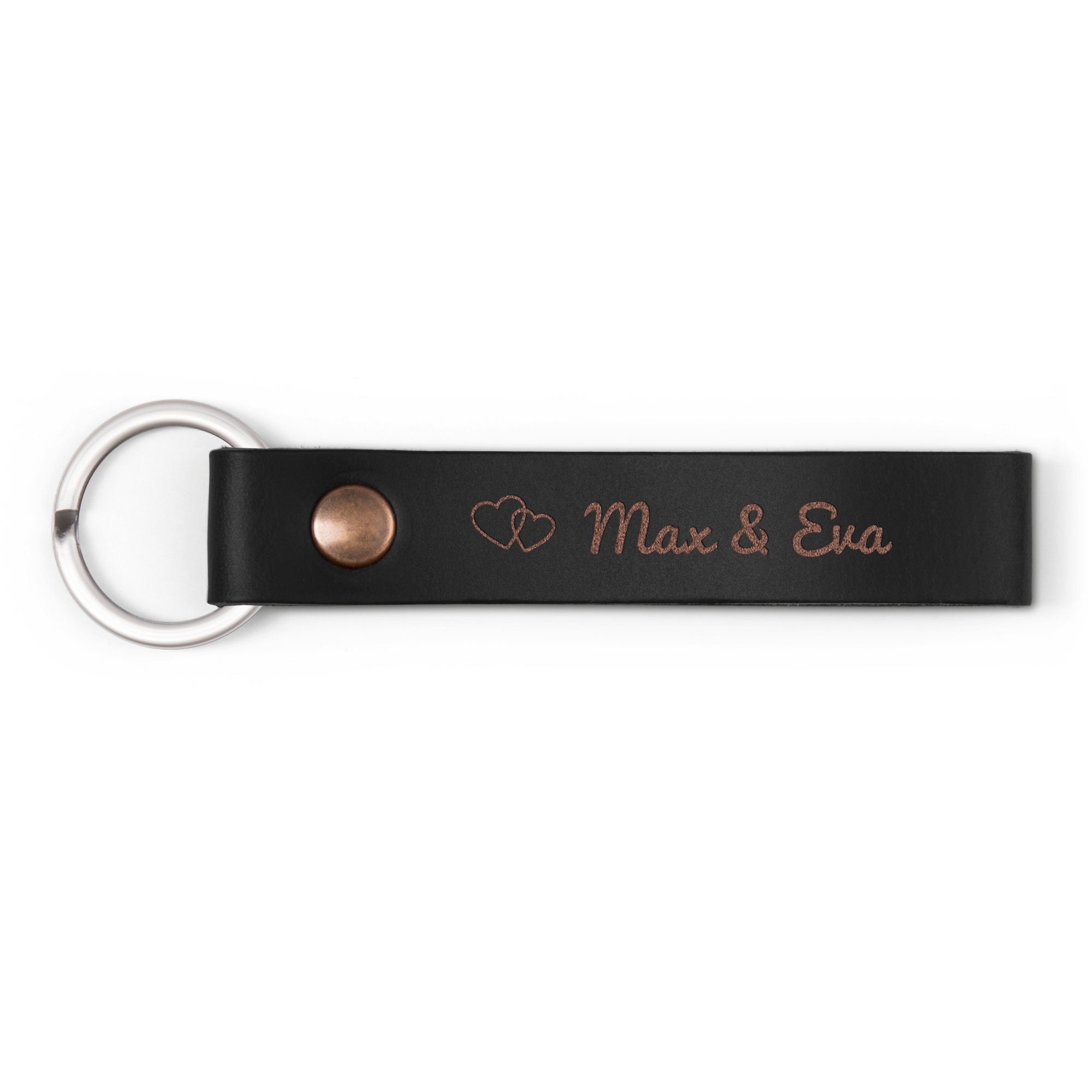 Portachiavi personalizzato in pelle nera inciso con due cuori e i nomi Max & Eva