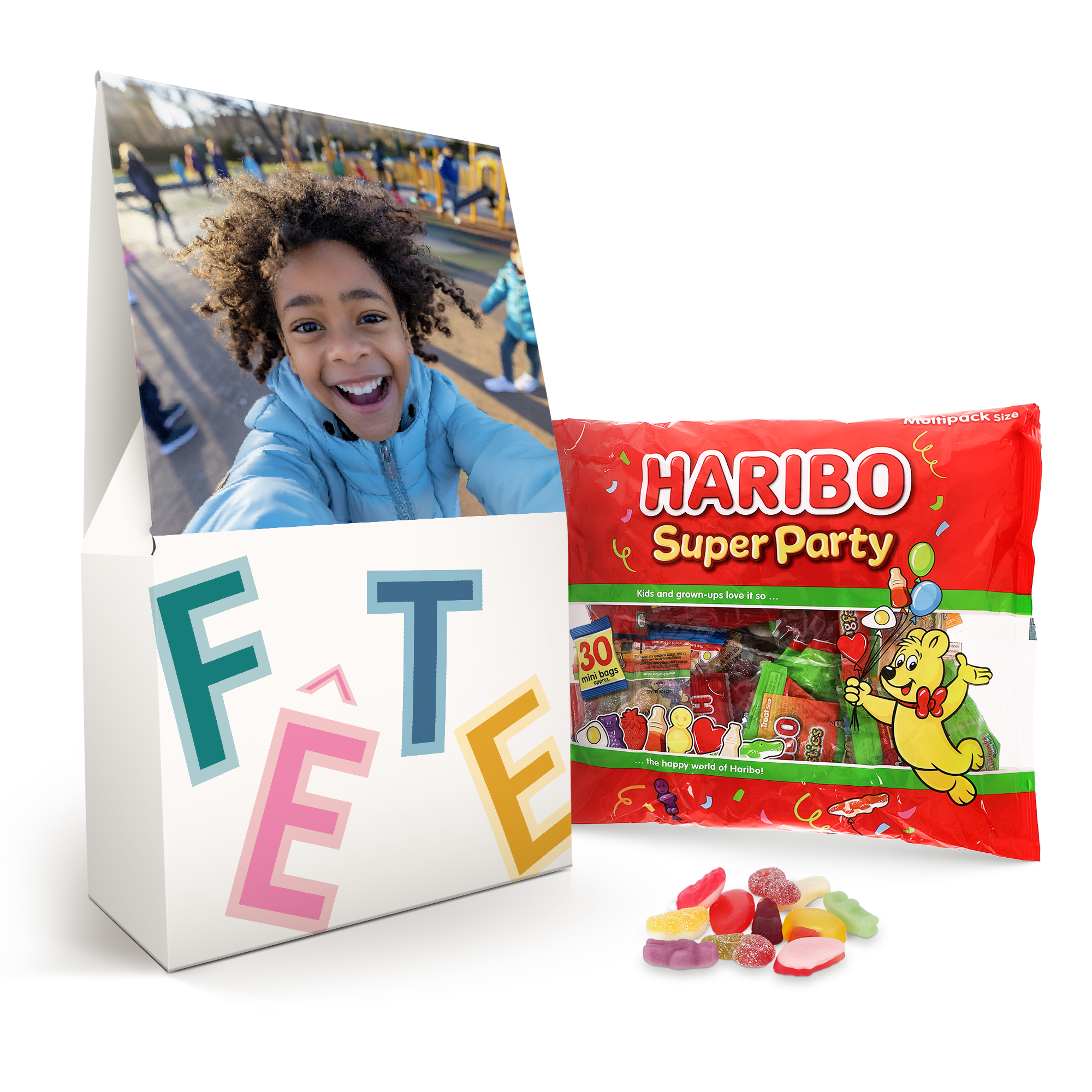 Coffret cadeau XL de bonbons Haribo personnalisé avec photo et le mot FÊTE imprimé