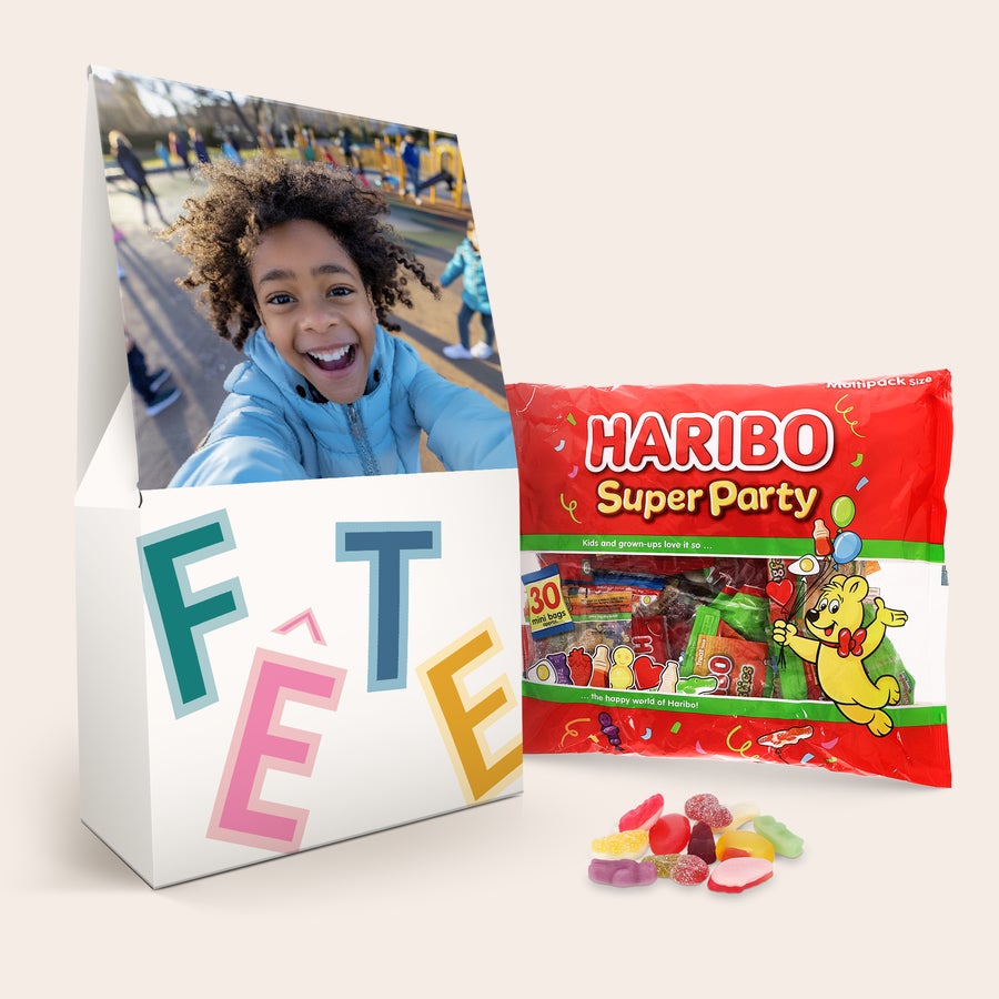 Coffret cadeau Haribo XL Coffret cadeau XL de bonbons Haribo personnalisé avec photo et le mot FÊTE imprimé