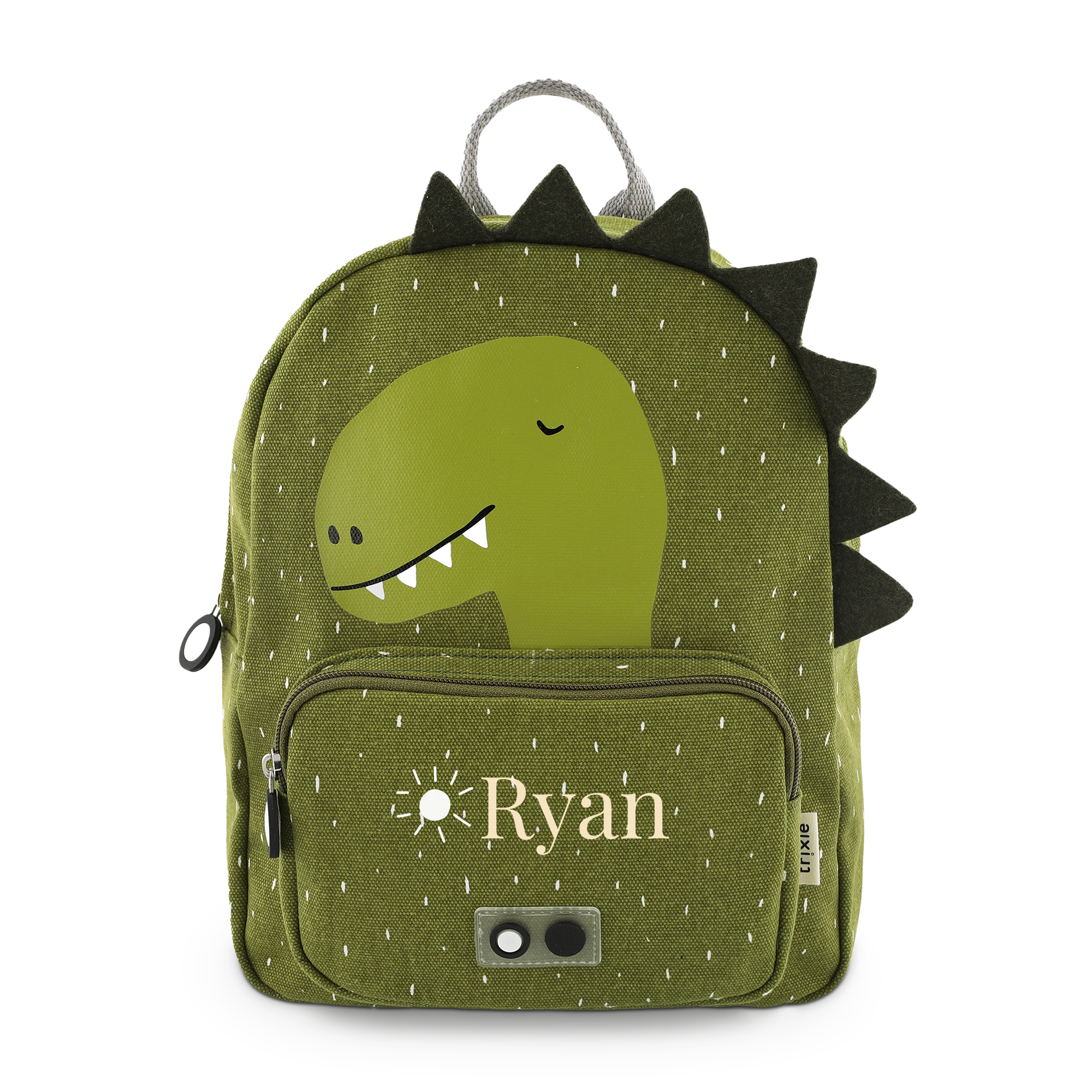 Rucsac personalizat pentru copii de culoare verde olive cu dinozaur, imprimat cu numele Ryan