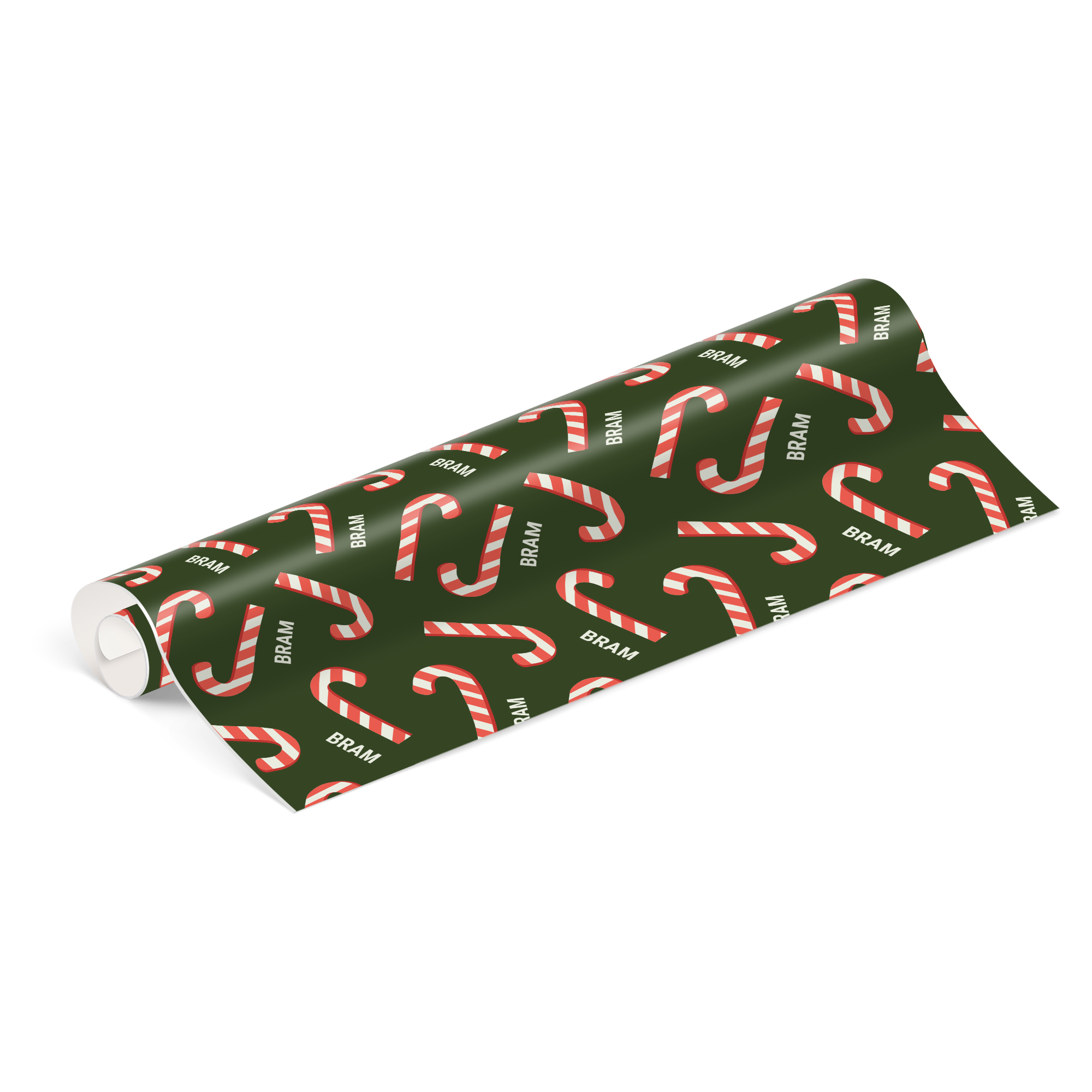 Rol gepersonaliseerd cadeaupapier met een patroon van snoepstokken en de naam Bram, op maat te bedrukken.