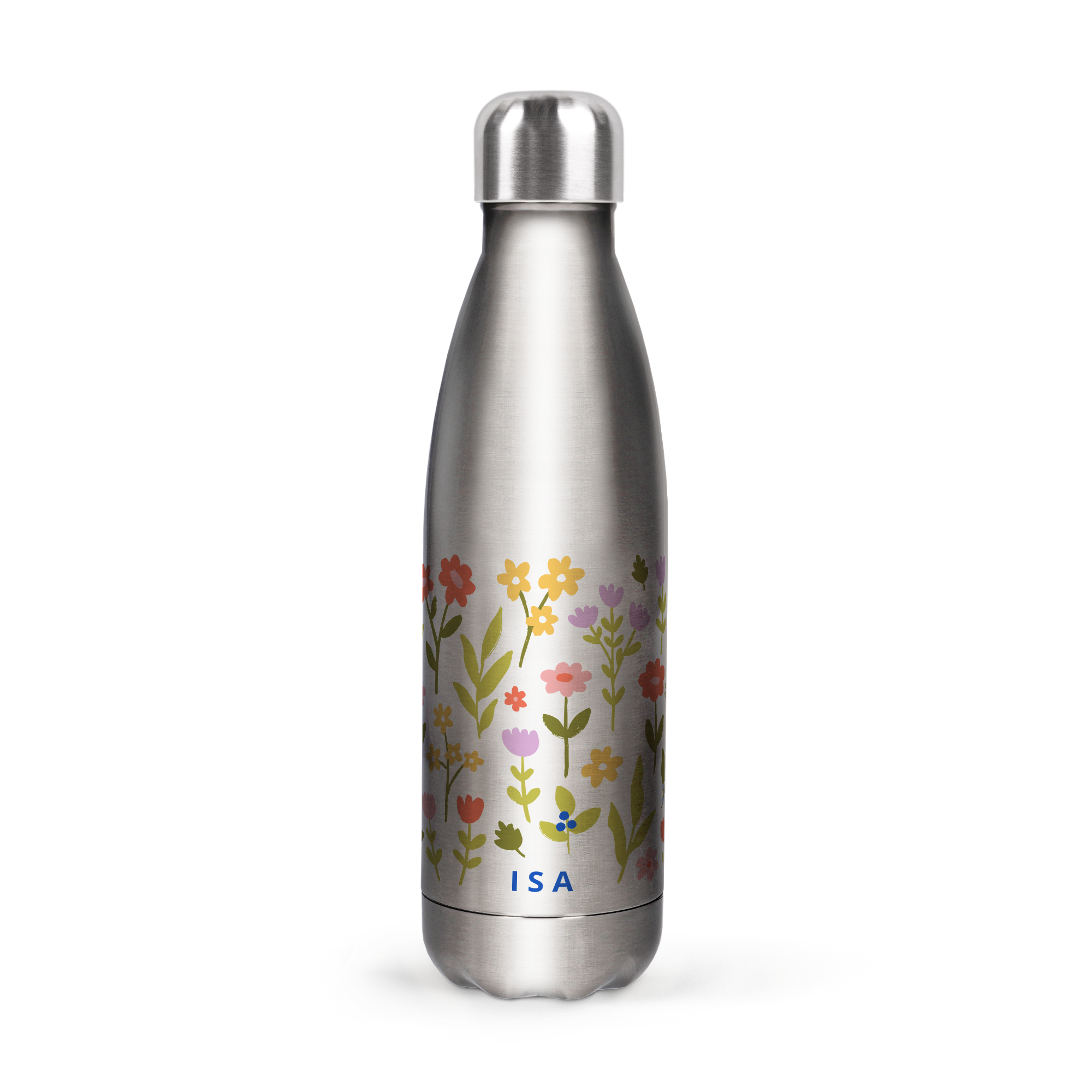 Personlig vattenflaska med namn Isa och färgglada blommor, tryckt med ett foto, för att dricka i stil.