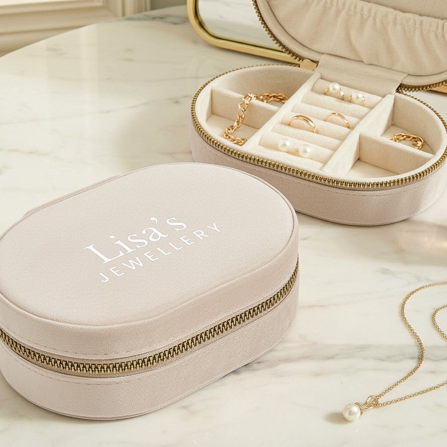 Personligt smyckeskrin Personligt smyckeskrin - Oval - Beige med texten Lisas Jewellery vitbroderad på locket, det är öppet och fyllt med smycken.