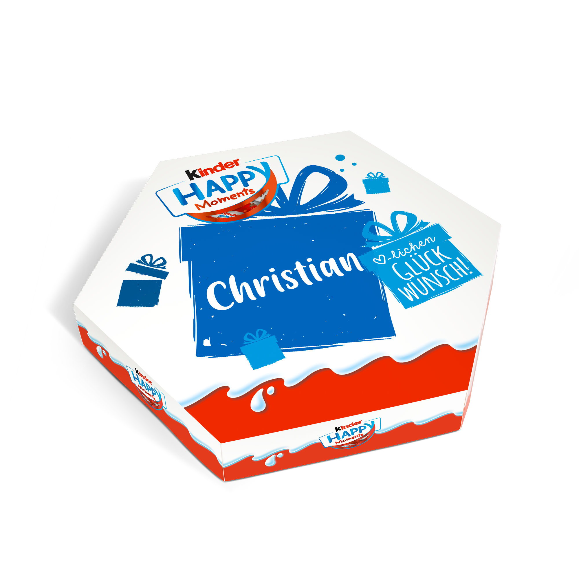 Personalisierte kinder Happy Moments Schachtel mit Namen Christian und der Aufschrift Glück Wunsch, gedruckt mit individuellem Design.