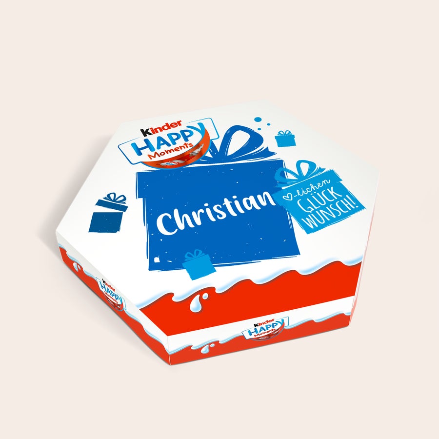 kinder Happy Moments selbst gestalten Personalisierte kinder Happy Moments Schachtel mit Namen Christian und der Aufschrift Glück Wunsch, gedruckt mit individuellem Design.