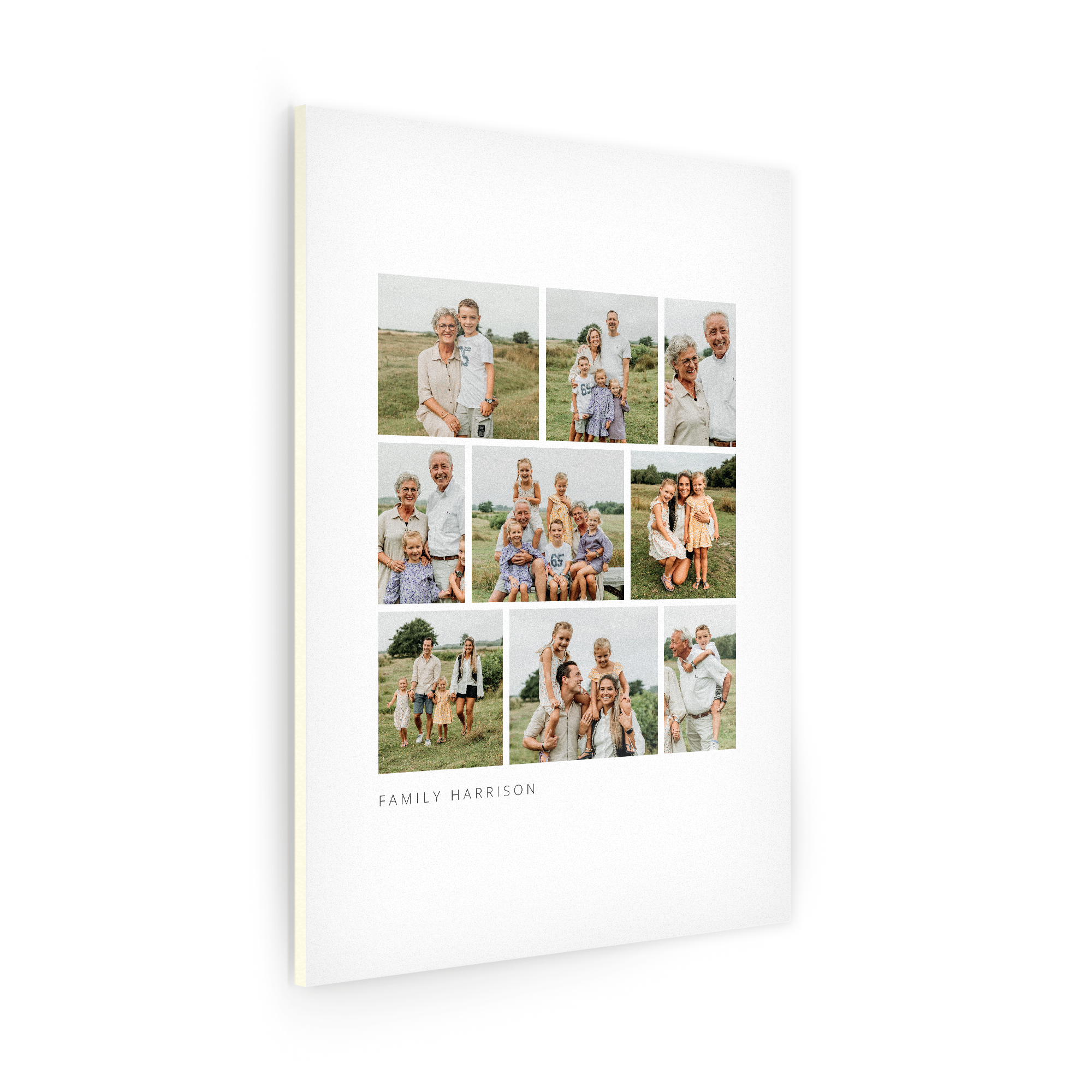 Fotografie personalizată tipărită pe Forex, cu colaj de imagini de familie și textul "FAMILY HARRISON" dedesubt.