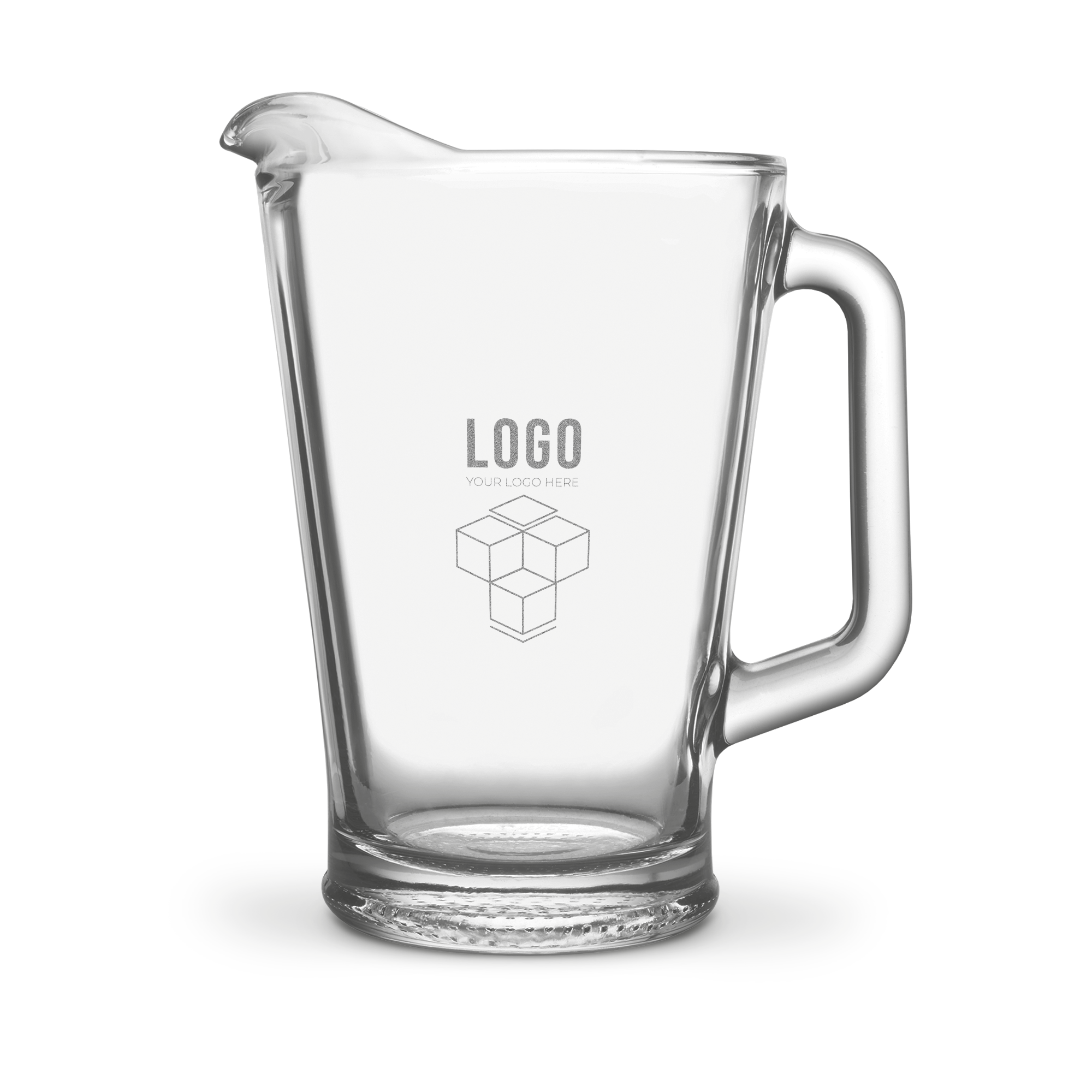 Jarro de vidro transparente gravado com logo e texto de exemplo, personalizável com nomes ou texto