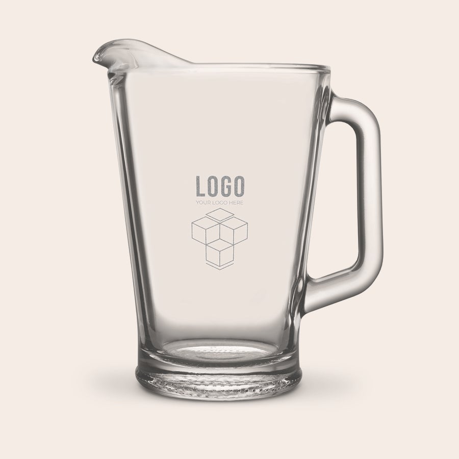 Jarro de vidro gravado Jarro de vidro transparente gravado com logo e texto de exemplo, personalizável com nomes ou texto