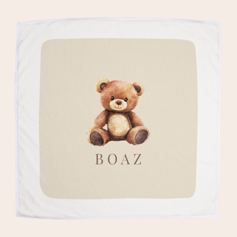 Copertina neonato personalizzabile Morbida coperta per neonati beige personalizzata con stampa orsetto e nome Boaz, un dolce abbraccio infinito
