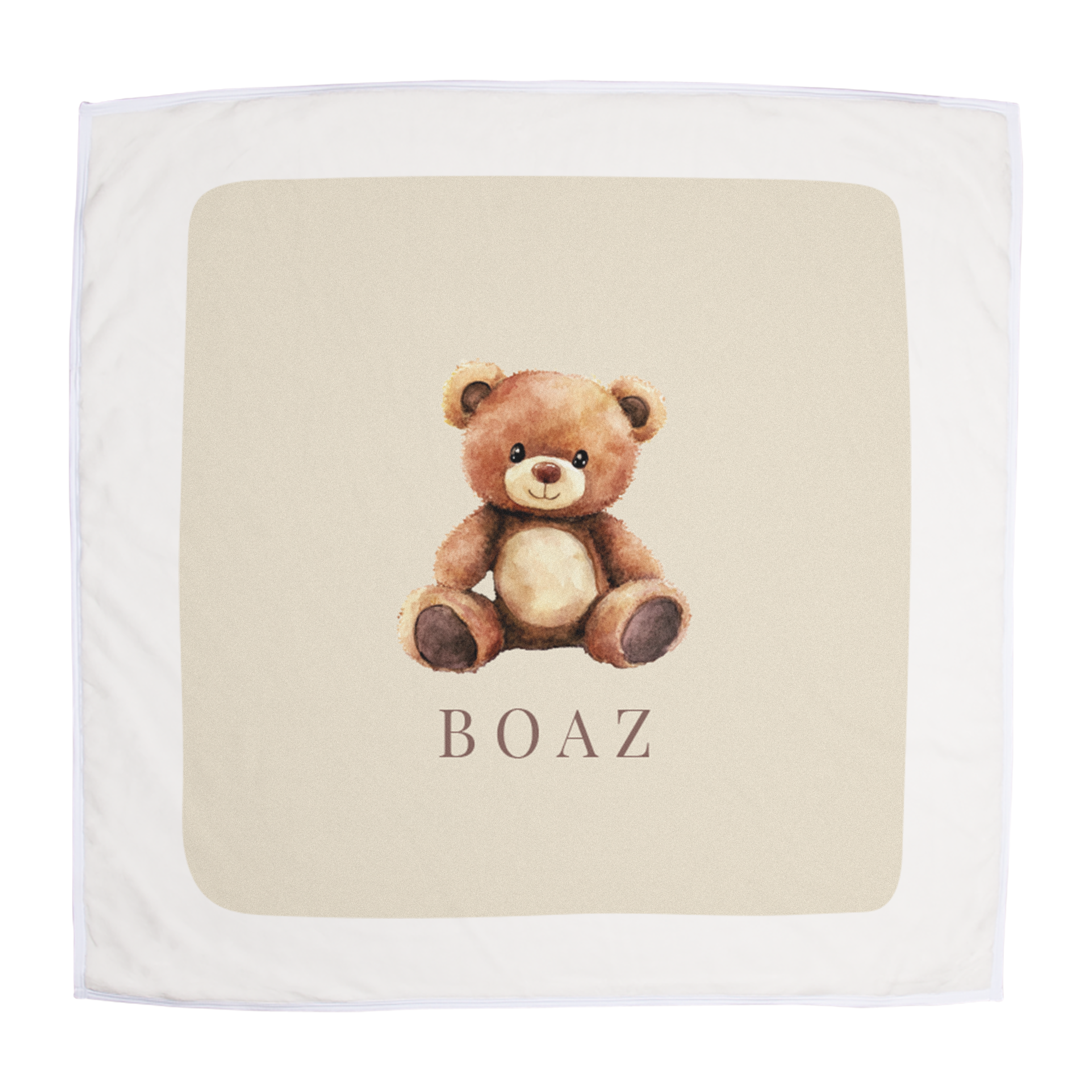 Manta de bebé impresa con oso de peluche y nombre Boaz en beige para abrazos interminables