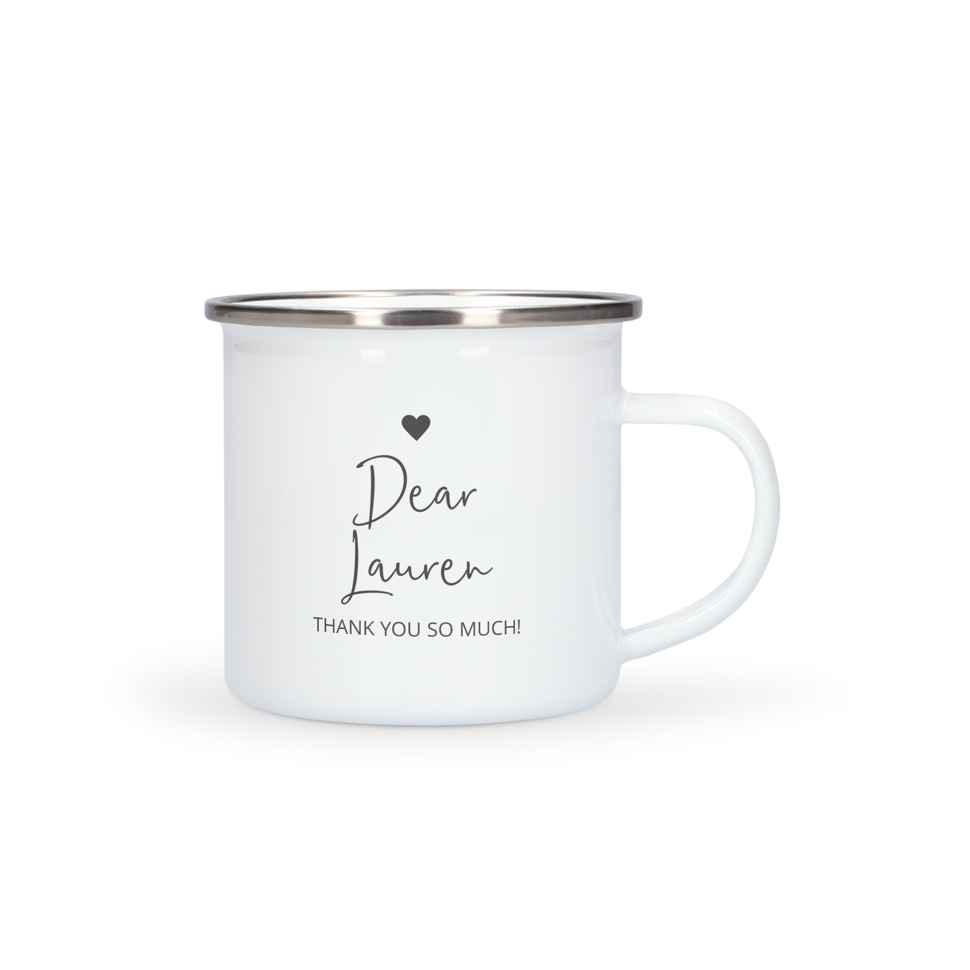 White enamel mug personalised with Dear Lauren and Thank You So Much text