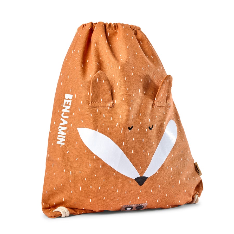 Oranžová personalizovaná taška so sťahovacou šnúrkou a potlačou líšky, s menom Benjamin.