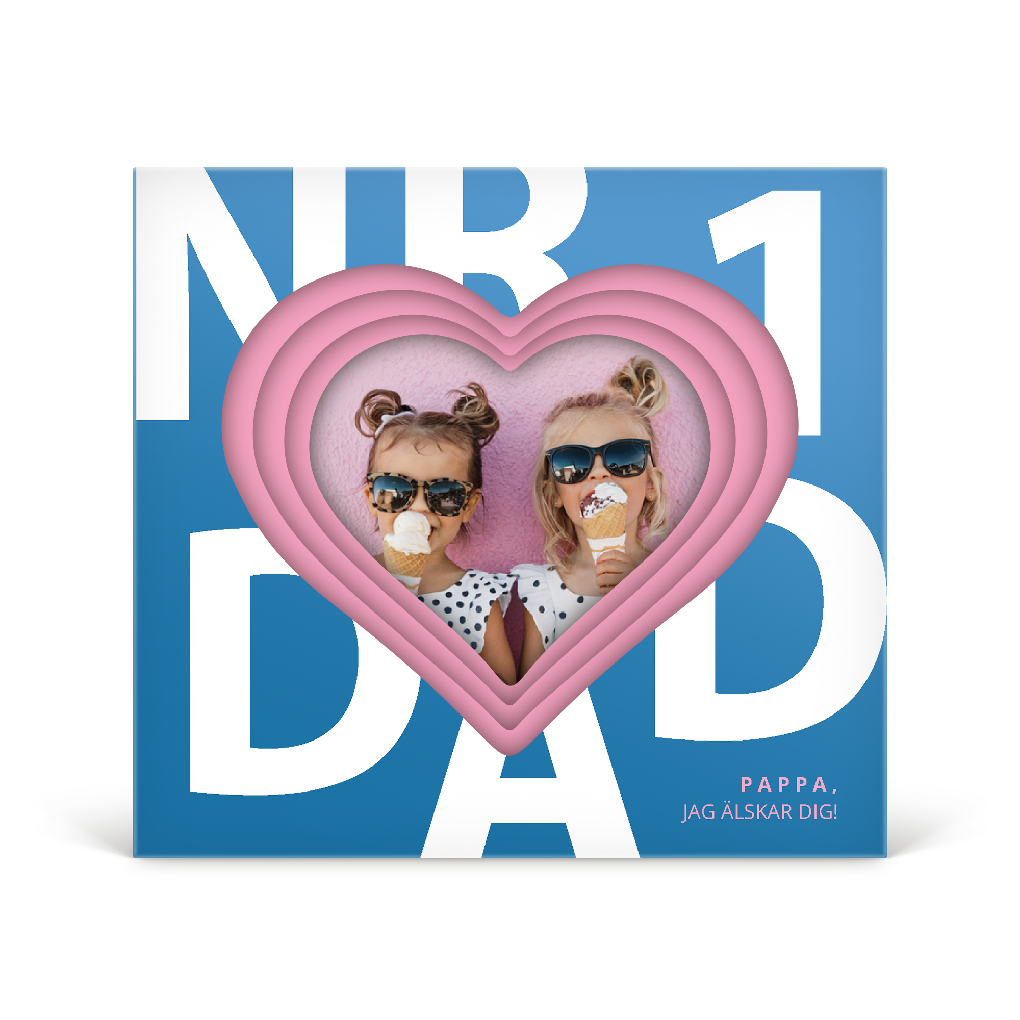 Designa din egen Milka Hearts 3D-presentförpackning med foto på två barn och texten "PAPPA, JAG ÄLSKAR DIG!", fylld med premiumchoklad.