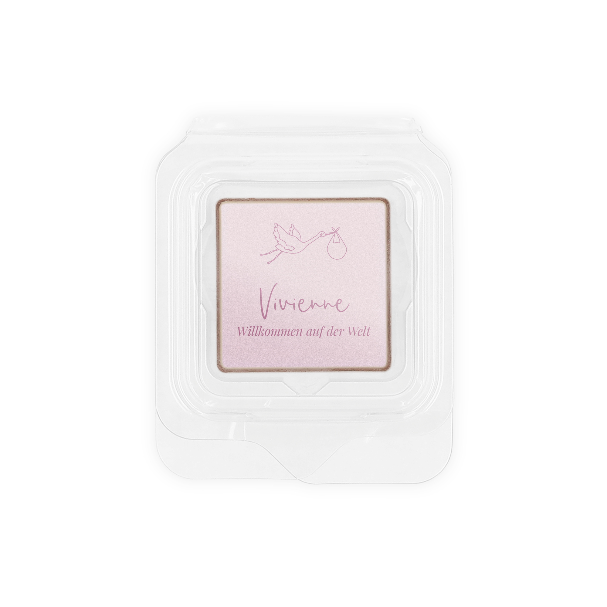 Einzeln verpackte Fotopraline bedruckt mit Storchmotiv, Name Vivienne und Willkommen auf der Welt. Persönliches Gastgeschenk.