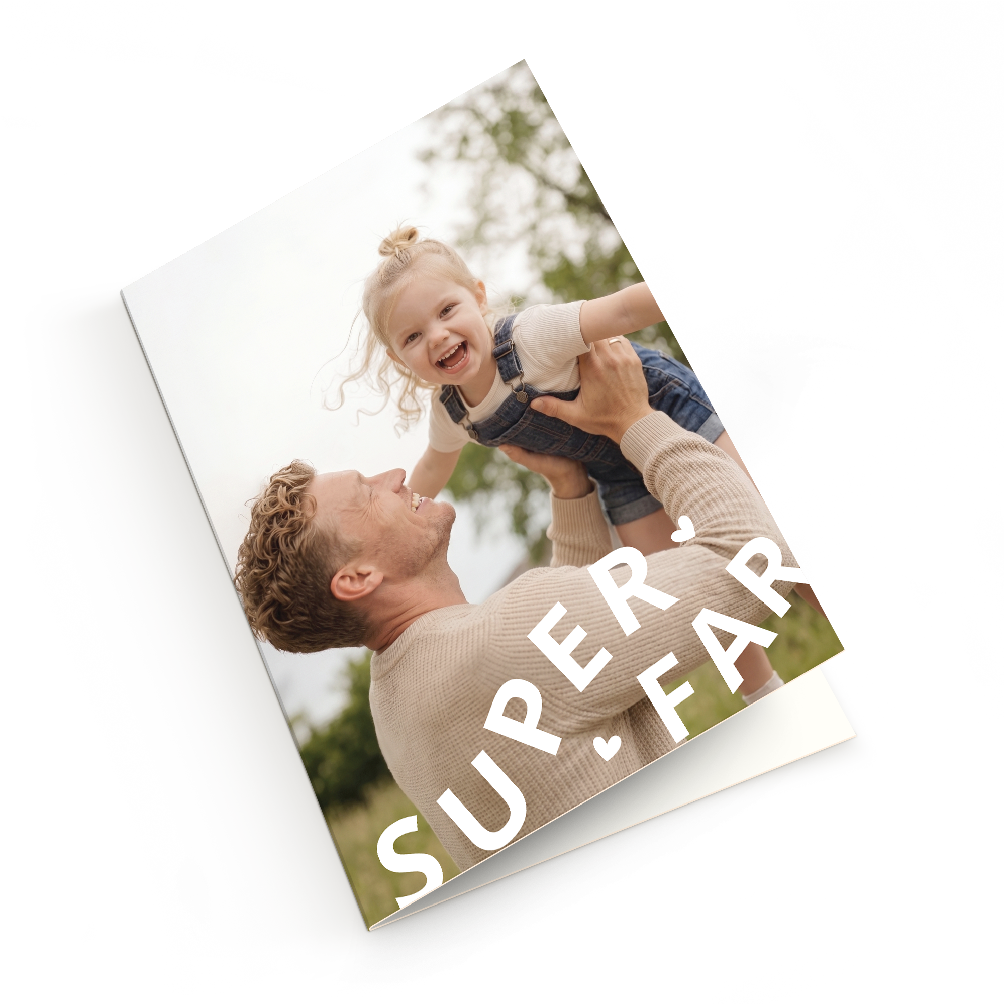 Kæmpe lykønskningskort - Personligt - Fars Dag - 50 cm med billede af far og datter, påtrykt teksten "SUPER FAR".