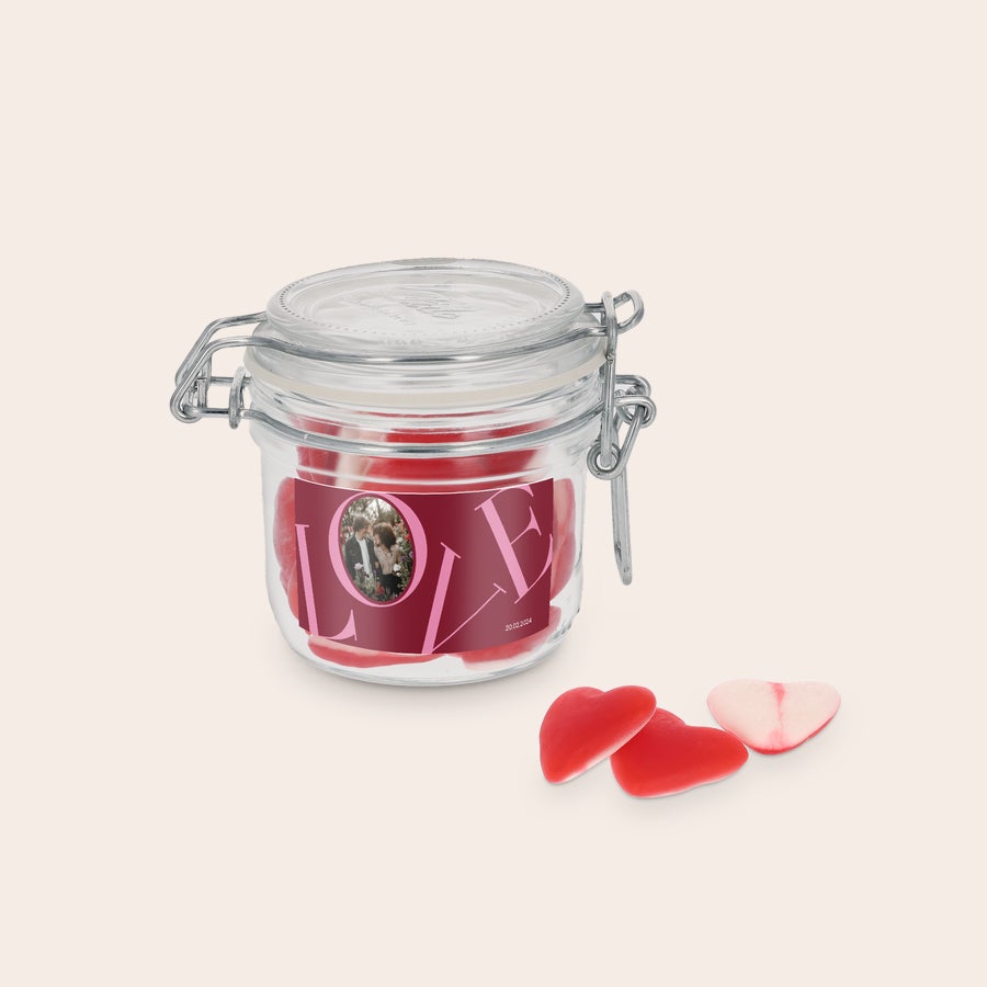 Snoeppot bedrukken Bedrukte snoeppot met hartjes, gepersonaliseerd met een foto en de tekst LOVE en een datum