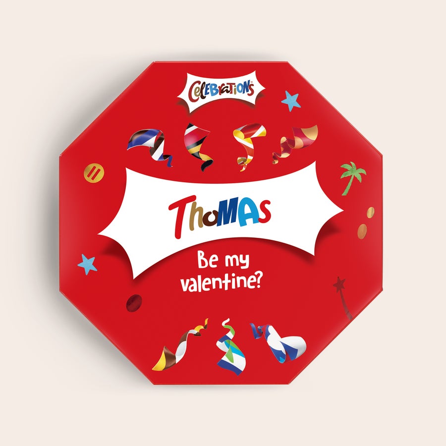 Celebrations box with name Red personalised Celebrations box printed with