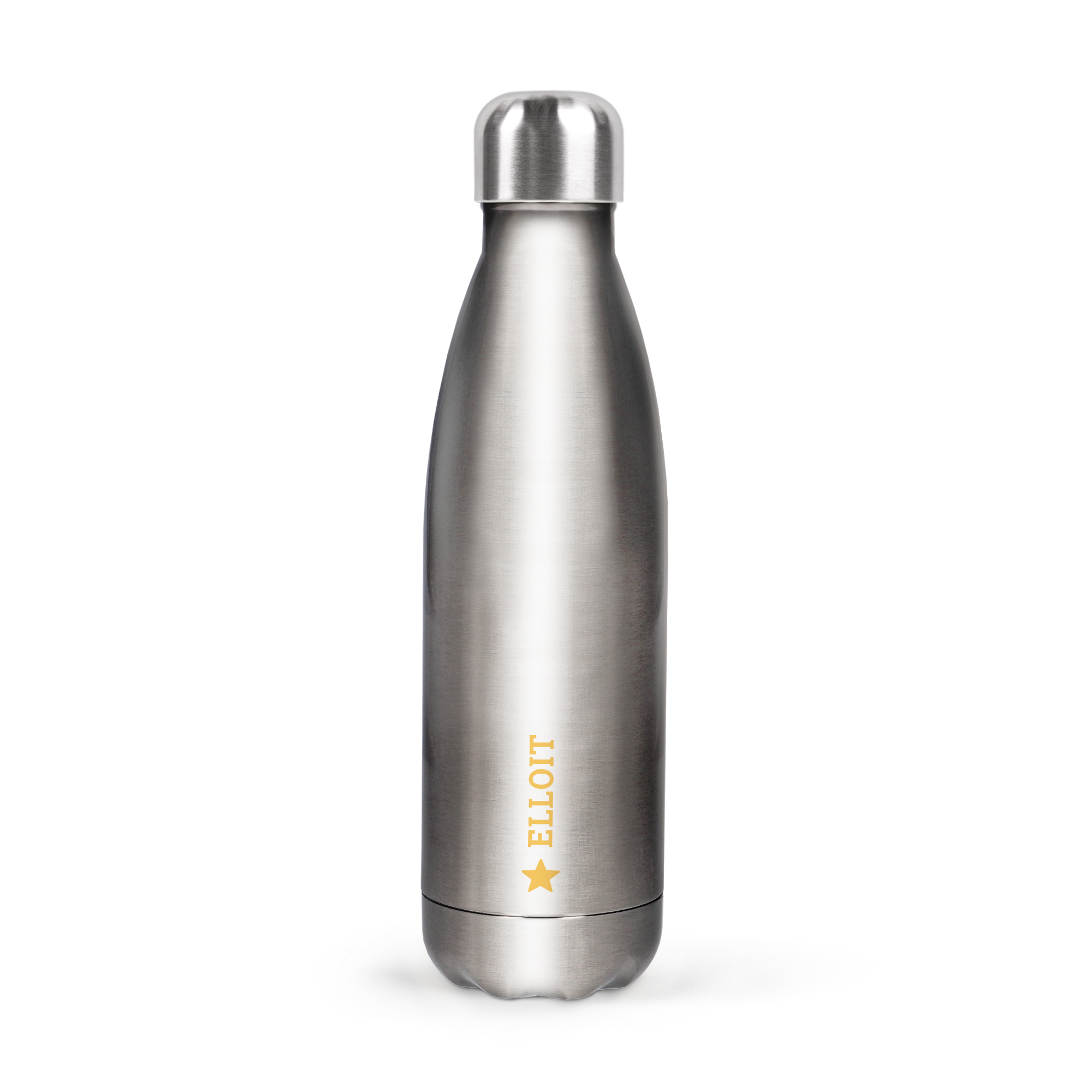 Stainless steel personalized water bottle printed with a star and the name ELLIOT to stay hydrated
