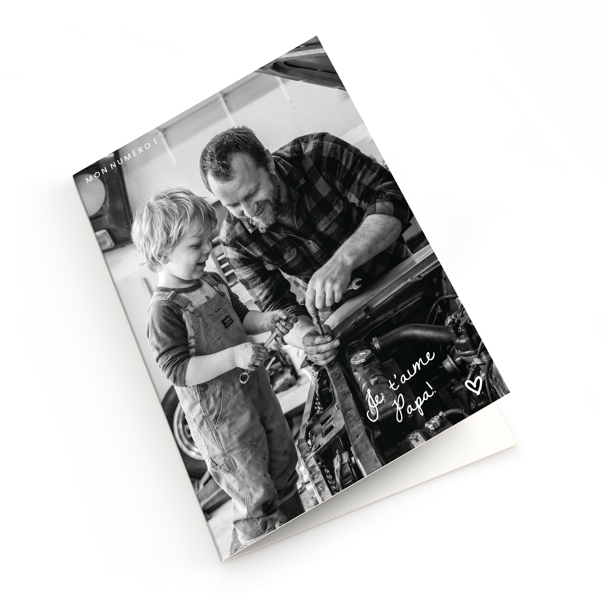 Carte de vœux géante - Personnalisée - Fête des Pères - 50 cm, noir et blanc, avec photo imprimée d'un père et son enfant réparant une voiture, texte Je t'aime Papa et Mon Numéro 1