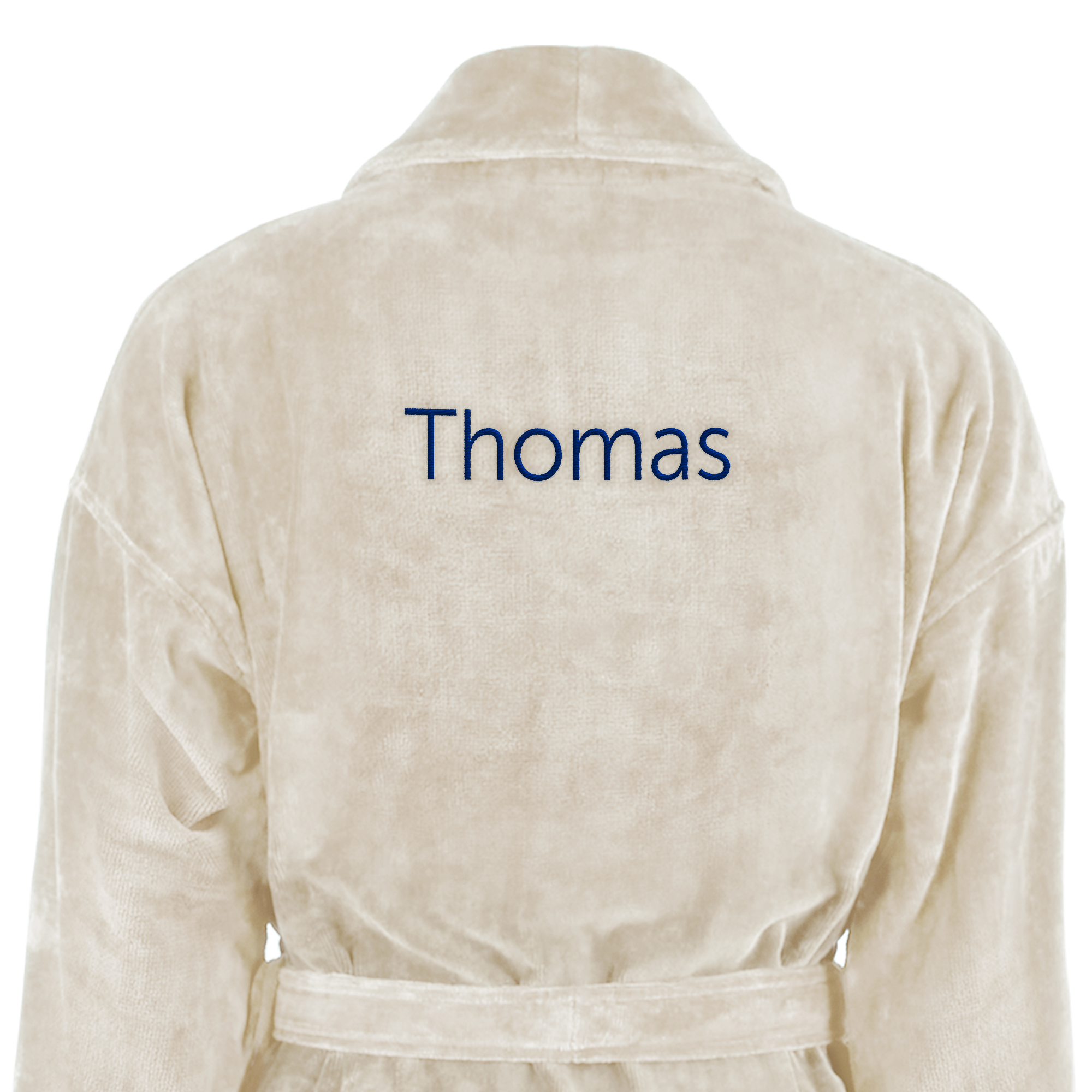 Cremefarbener Bademantel mit dem Namen "Thomas" in dunkelblauer Schrift auf dem Rücken bestickt, Ihr eigener Bademantel mit Namen bestickt!