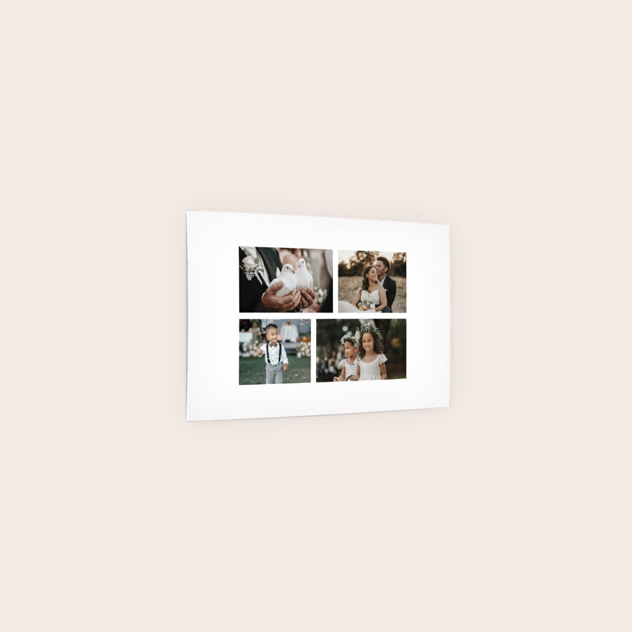 Poster photo prints White poster photo print with four custom pictures, a collage of wedding and children photos
