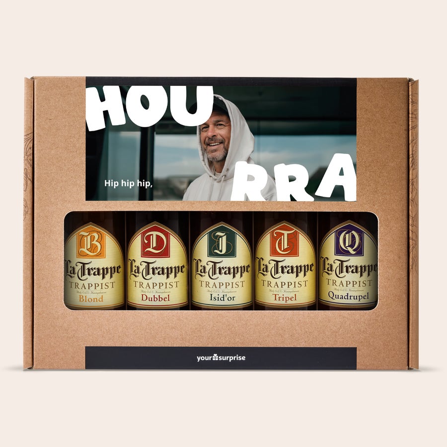 Coffret à bière personnalisé Un pack de bière trappiste personnalisé avec 5 bières La Trappe, étiquettes imprimées avec une photo et texte Hou Rra