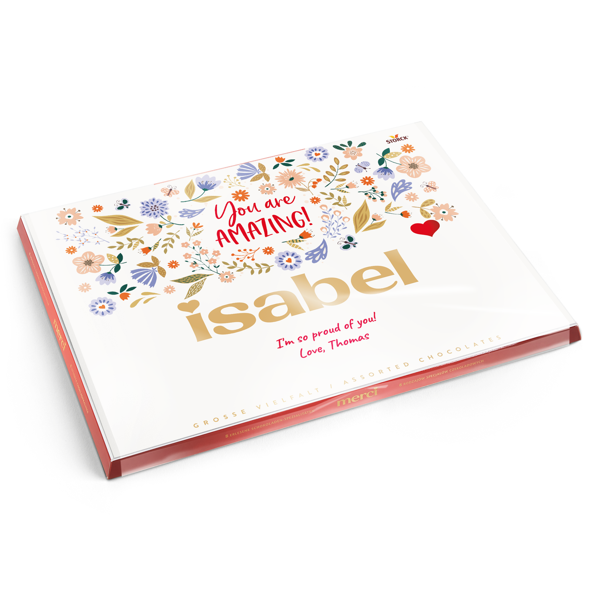 Merci chocolate with personalised card - 675 grams with floral design and custom name Isabel printed on the box.