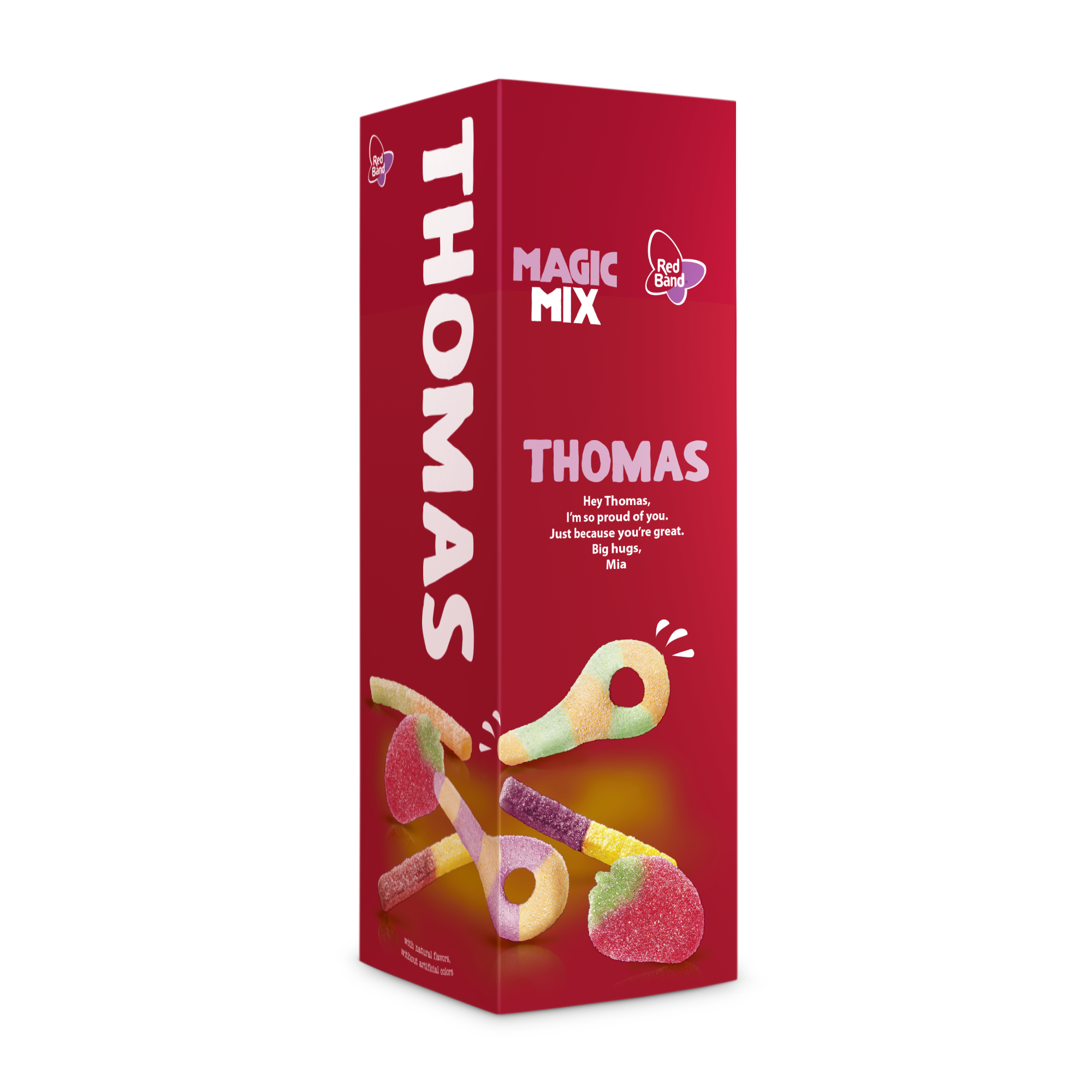Personalizowane cukierki Magic Mix w czerwonym opakowaniu z imieniem Thomas i wiadomością, idealne dla łasucha