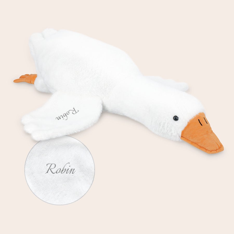 Jucărie de pluș personalizată de gâscă Jucărie mare personalizată gâscă albă de pluș cu cioc portocaliu și numele Robin brodat pe aripă