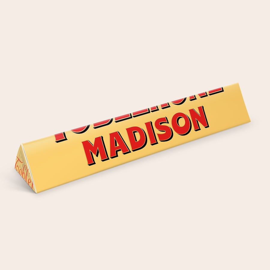 Personalised Toblerone Chocolate Bar Personalised Toblerone bar with printed name Madison in red letters