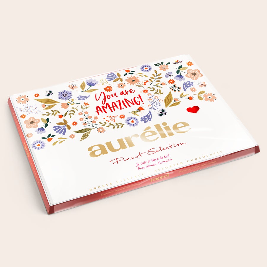 Chocolat Merci Finest Selection avec carte de vœux Mélange de chocolats Merci Finest Selection avec carte personnalisée et prénom Aurélie imprimé