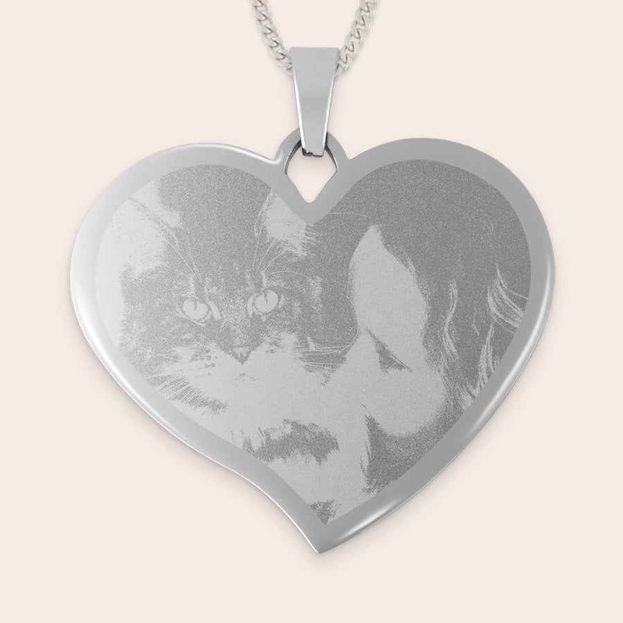 Collana con cuore inciso grande Pendente a forma di cuore in argento, inciso con la foto di una ragazza e un gatto, personalizzabile.