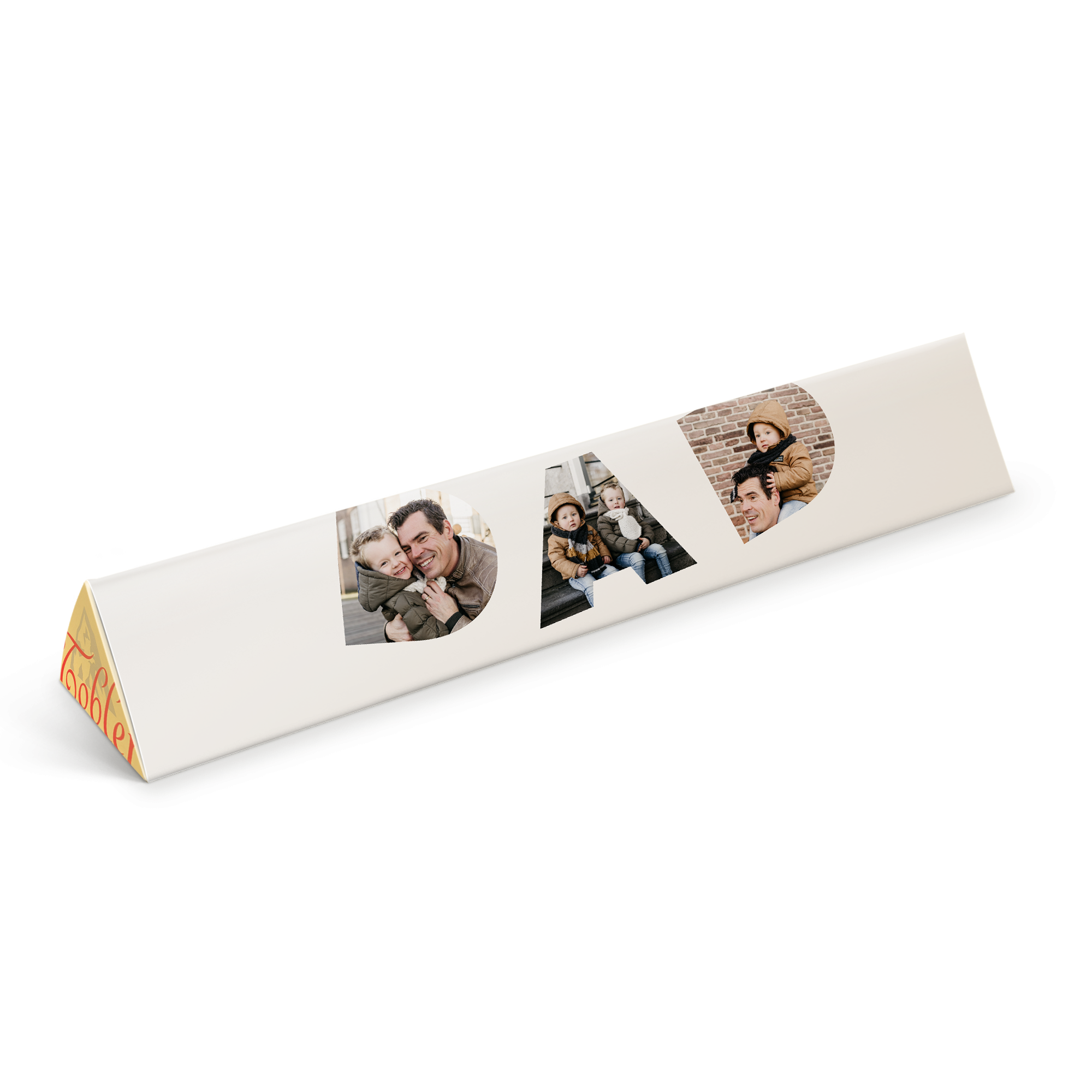 Spersonalizowane pudełko czekolady Toblerone z nadrukowanym zdjęciem ojca z dziećmi i napisem DAD