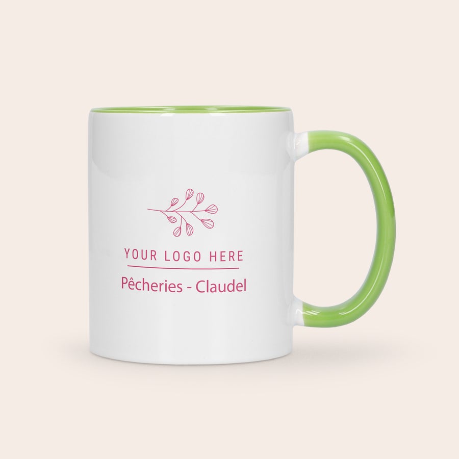 Mug personnalisé coloré Mug vert personnalisé avec un logo et le texte Pêcheries Claudel imprimés