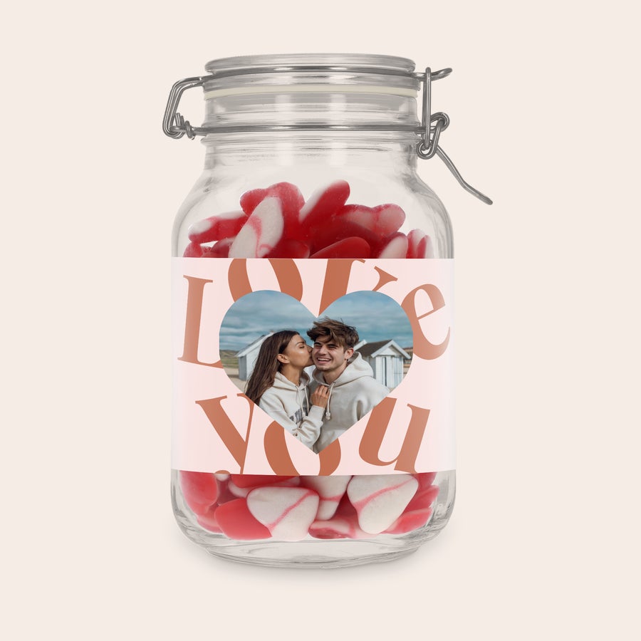 Barattolo di caramelle personalizzato Barattolo per dolci personalizzato con cuori rossi, con etichetta stampata con foto di coppia in un cuore e testo Love You