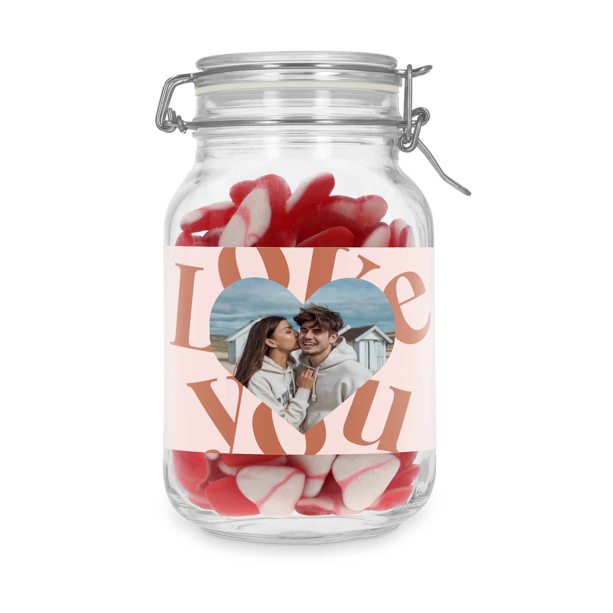 Personalised sweet jar with heart candies, printed with a custom photo of a couple and "Love You" text.