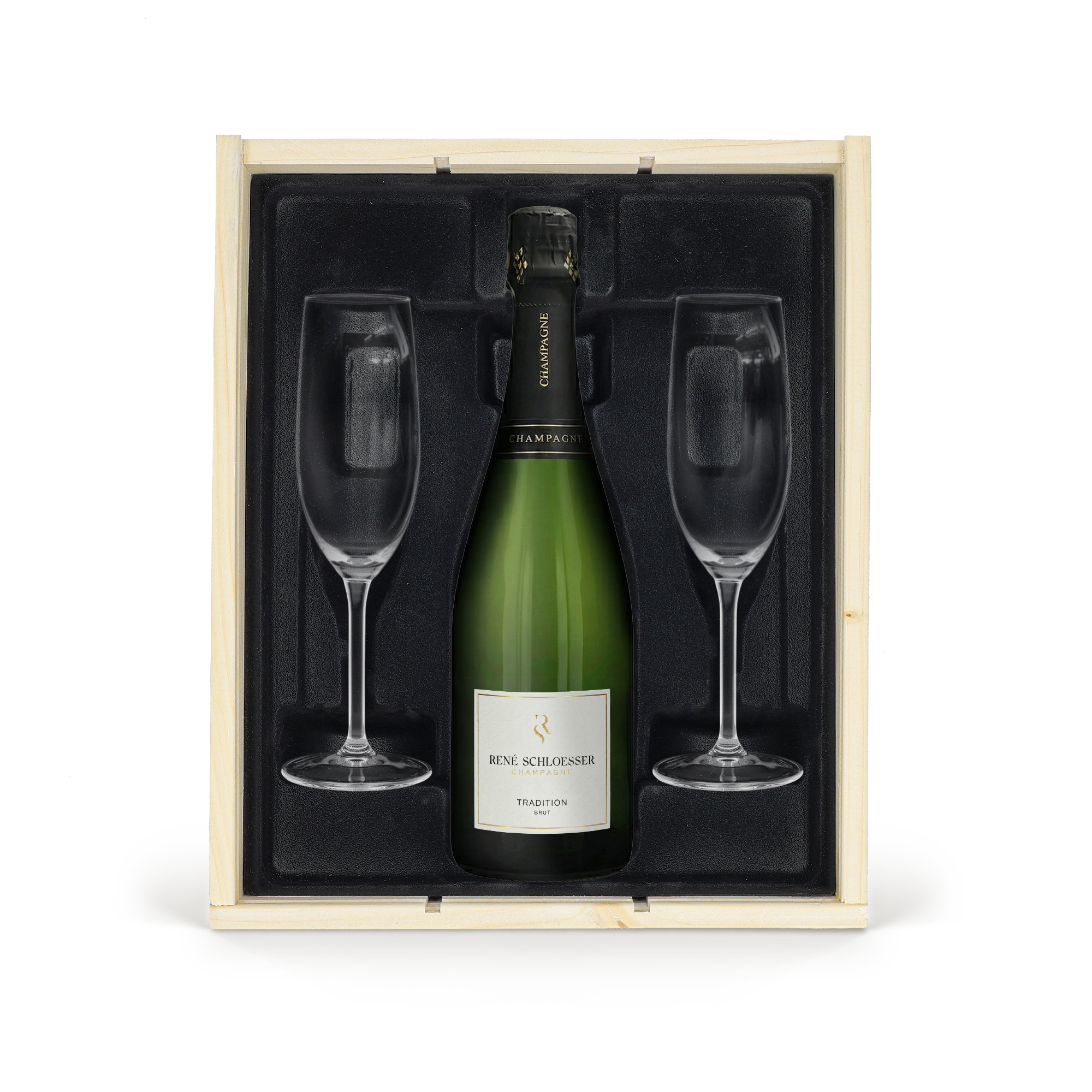 Personlig champagne gavesæt René Schloesser 750ml med to champagneglas i trykt trækasse