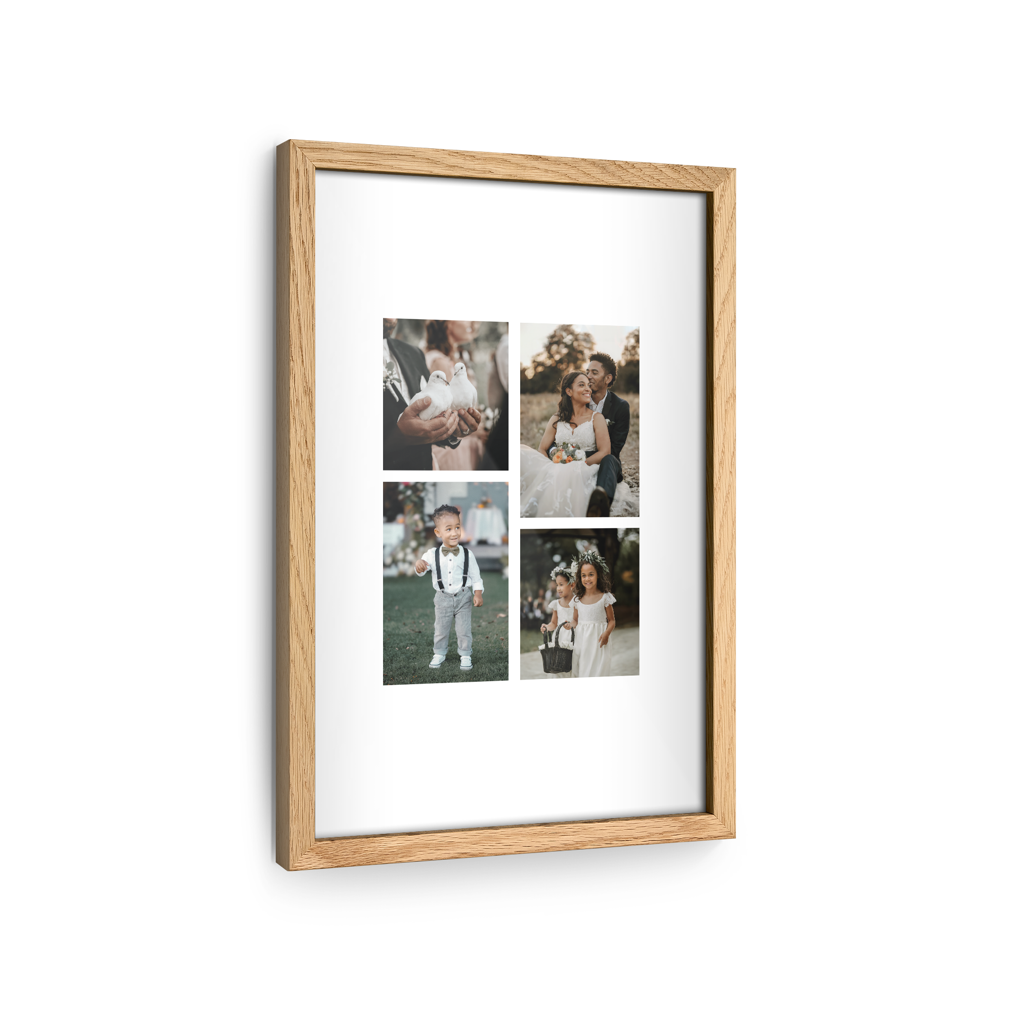 Personaliziran plakat z okvirjem iz hrastovega lesa in natisnjenimi štirimi spominskimi fotografijami.