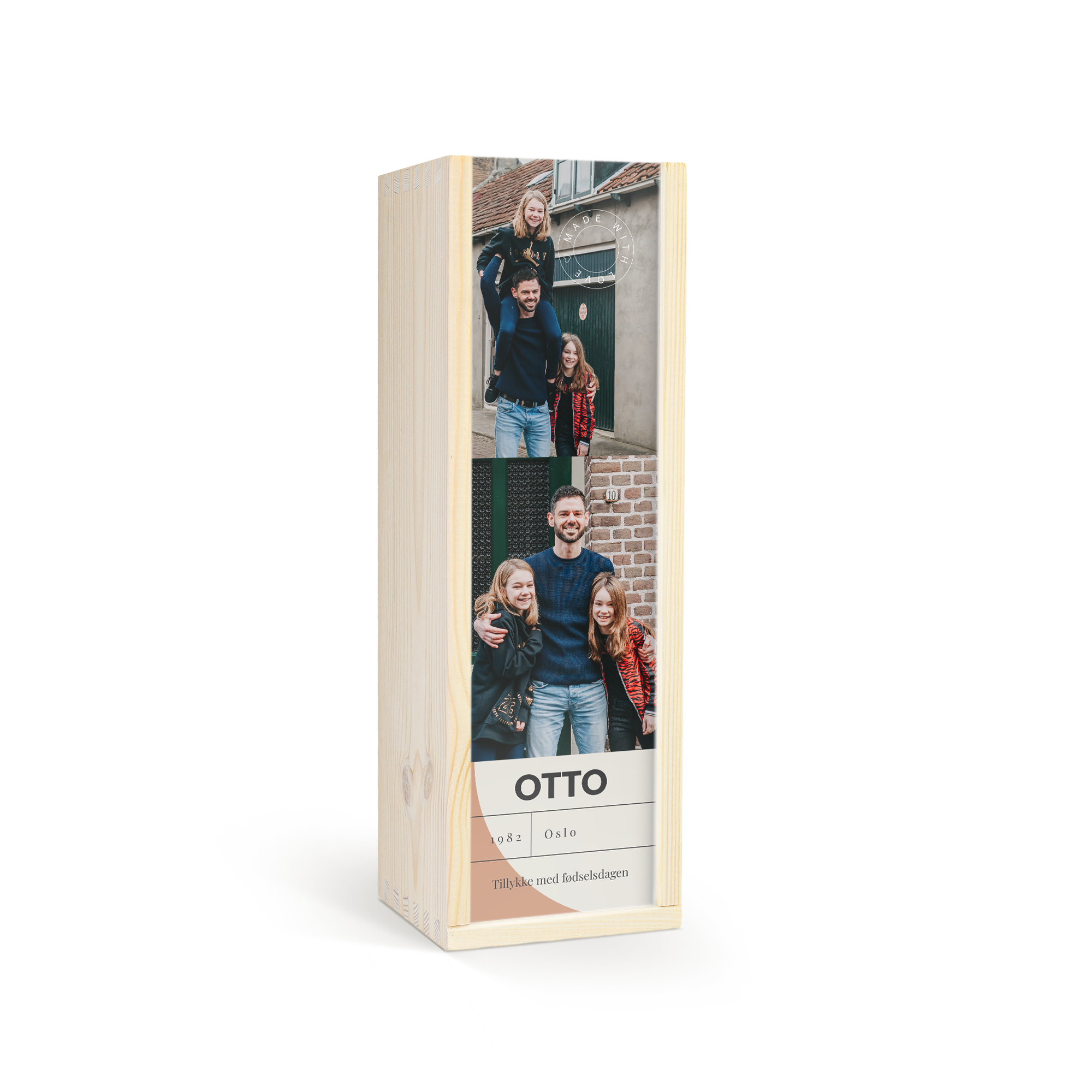 Trækasse til Jameson whisky med trykt familiefoto og teksten Tillykke med fødselsdagen.