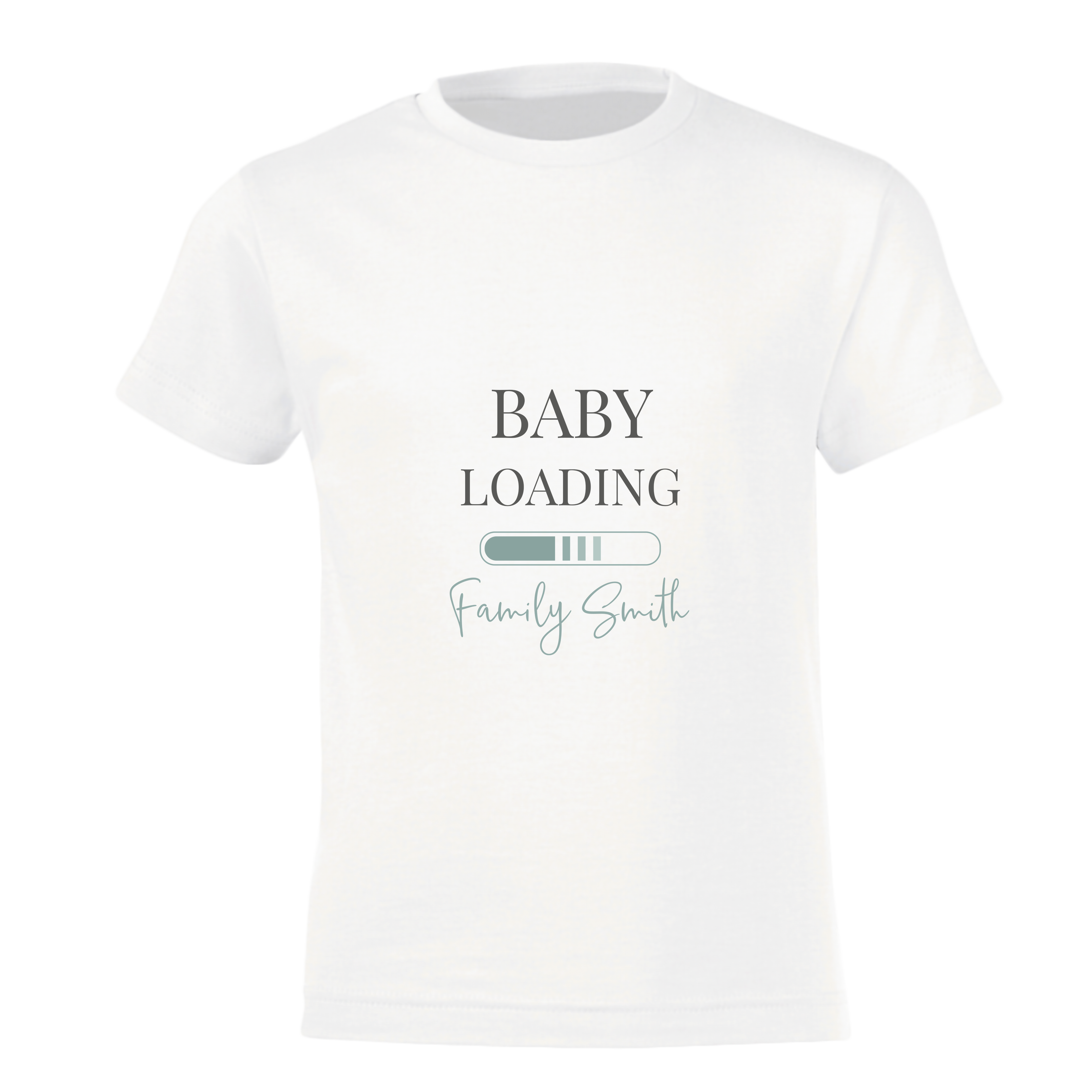 Tricou alb pentru copii, personalizat cu mesajul imprimat Baby Loading și Family Smith pentru anunțul celei de-a doua sarcini.
