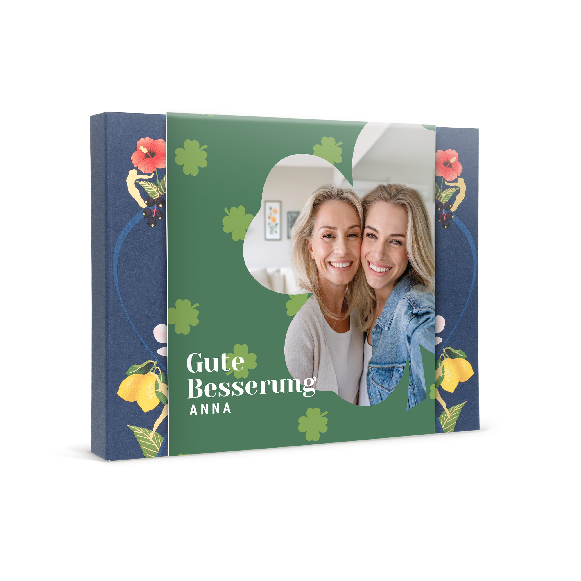 Personalisierte Teebox bedruckt mit einem Foto von zwei Frauen und dem Text Gute Besserung Anna, für deine ganz persönliche Tee-Oase.