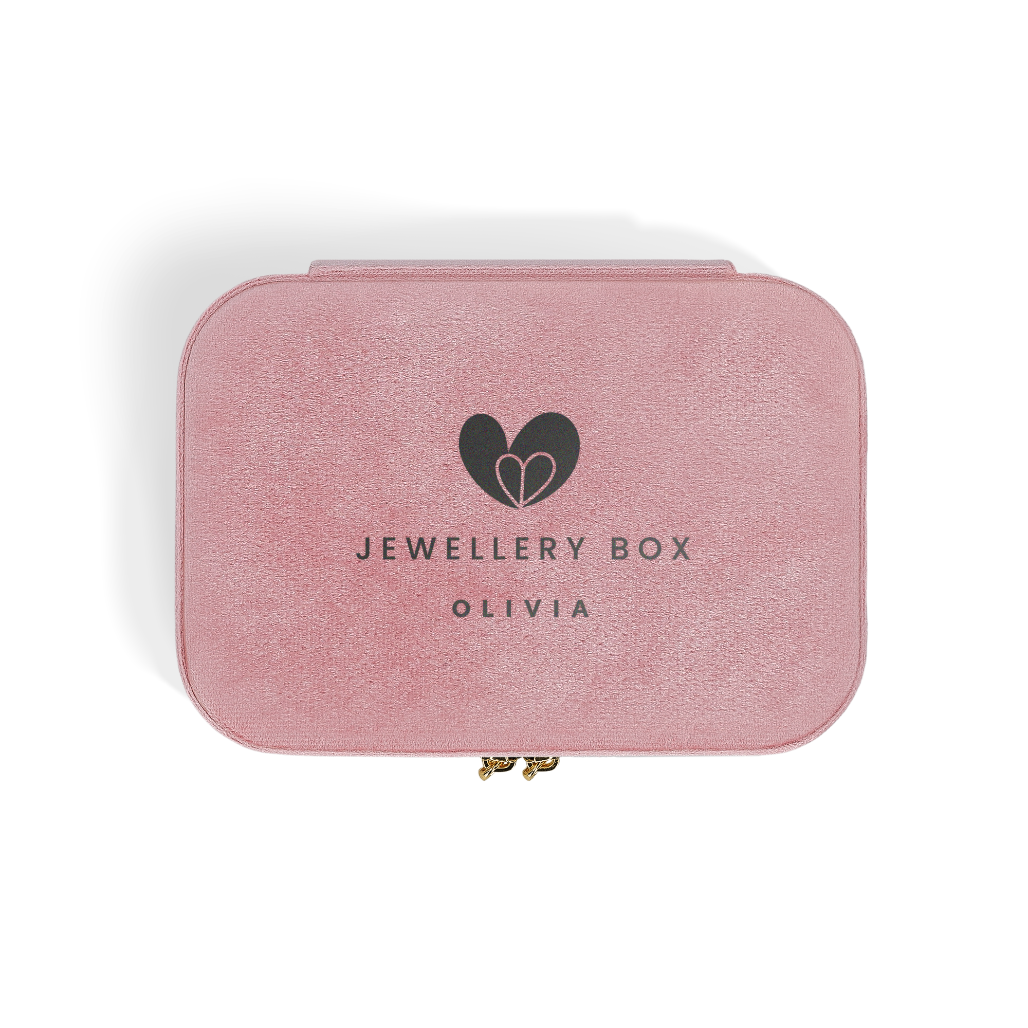 Boîte à bijoux personnalisée prénom - Rectangulaire - Rose, gravée du texte Jewellery Box et du prénom Olivia, avec un cœur double rose.
