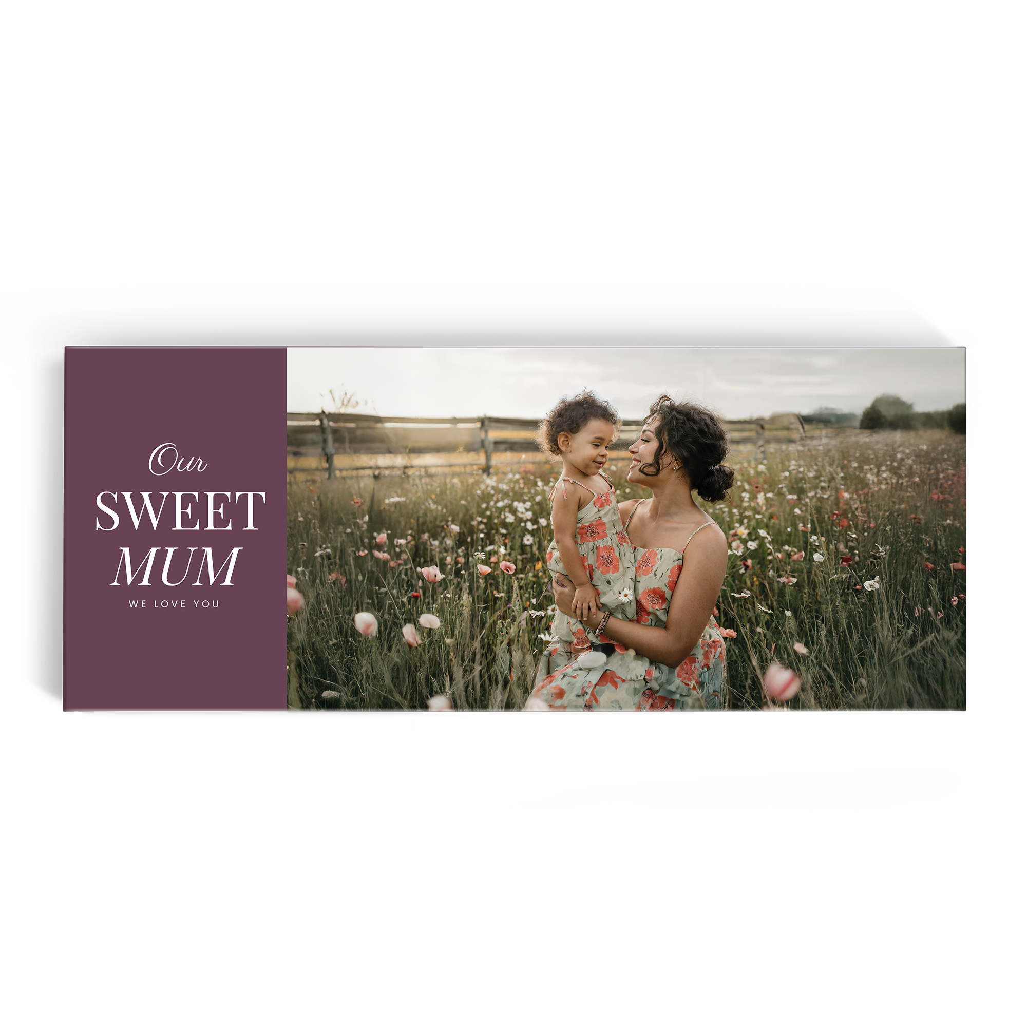 Personalised Mega chocolate bar - Ritter Sport - 8 bars printed with a photo of a mother and child in a field of flowers and text Our Sweet Mum We Love You