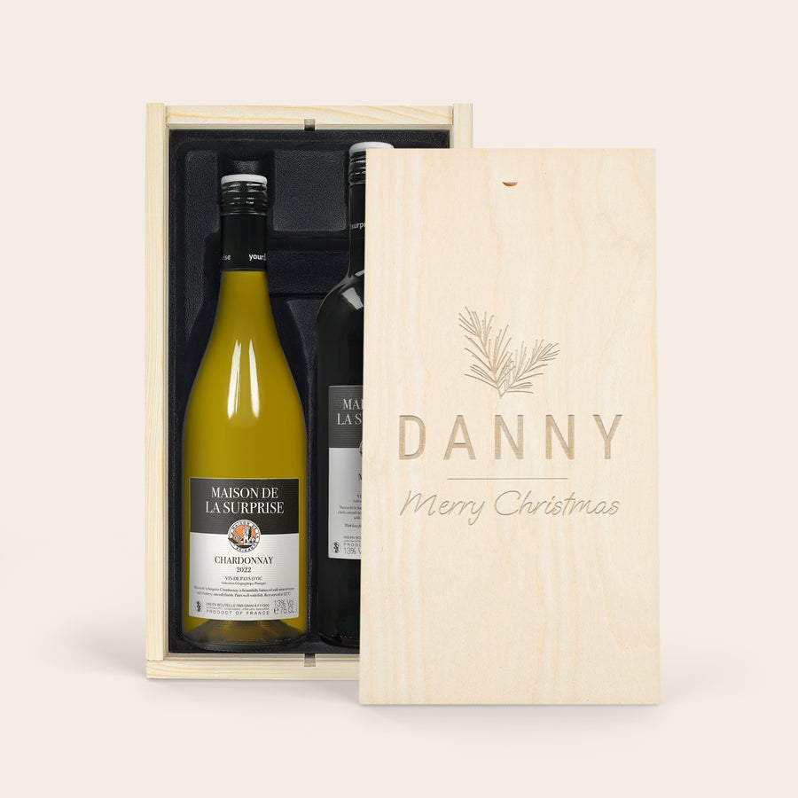 Personalised Wine - Maison de la Surprise Chardonnay & Merlot Maison de la Surprise wine in an engraved wooden case with DANNY and Merry Christmas