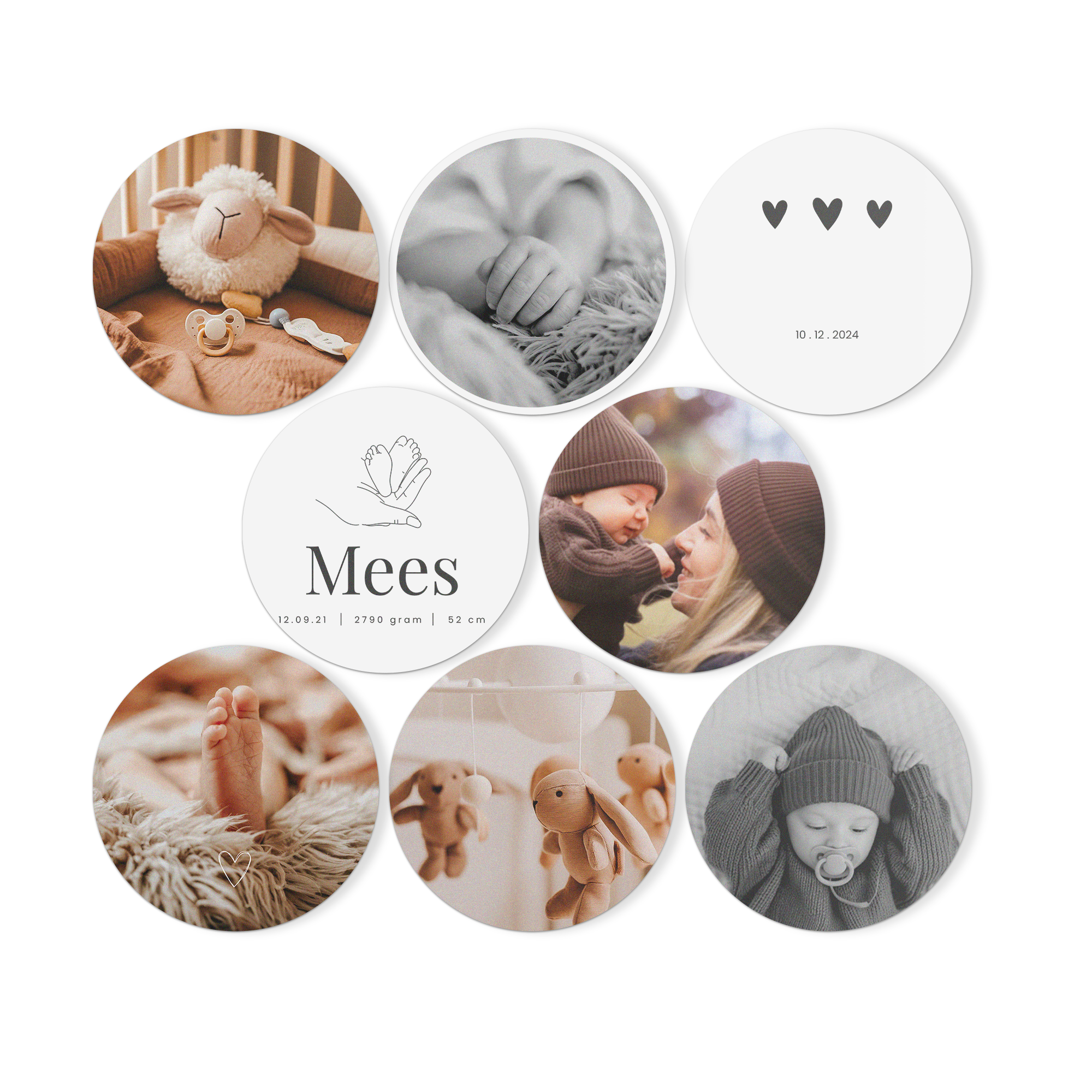 Forex-veggbilder: runde fotofliser med personlig design, inkludert babybilder og navnet Mees.