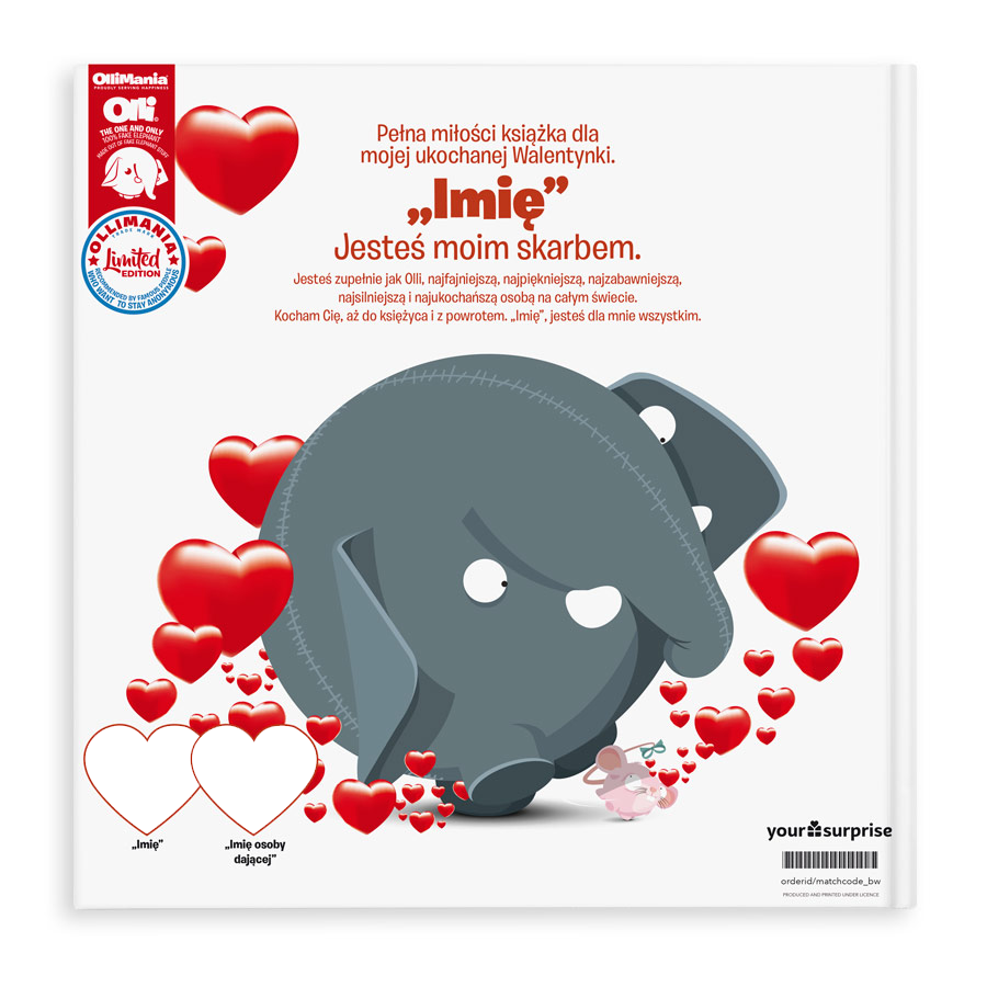 Urocza, personalizowana książka ze słoniem Olli, imieniem i miejscem na dwa zdjęcia, idealna dla drugiej połówki.