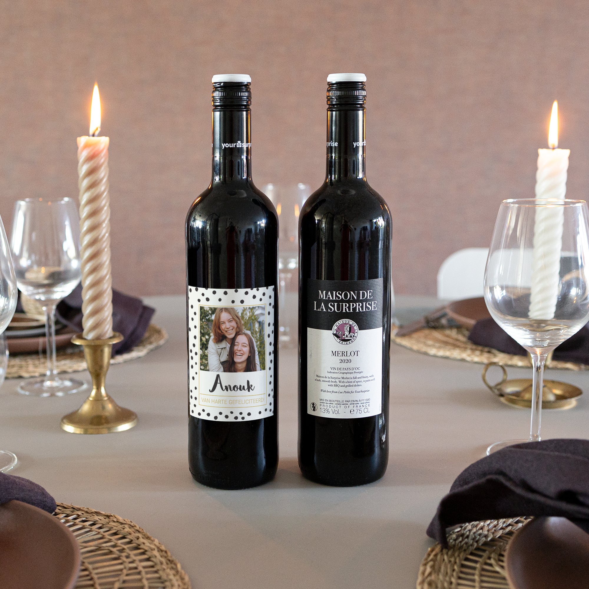 Wijn met bedrukt etiket - Maison de la Surprise - Merlot Wijn met bedrukt etiket - Maison de la Surprise - Merlot