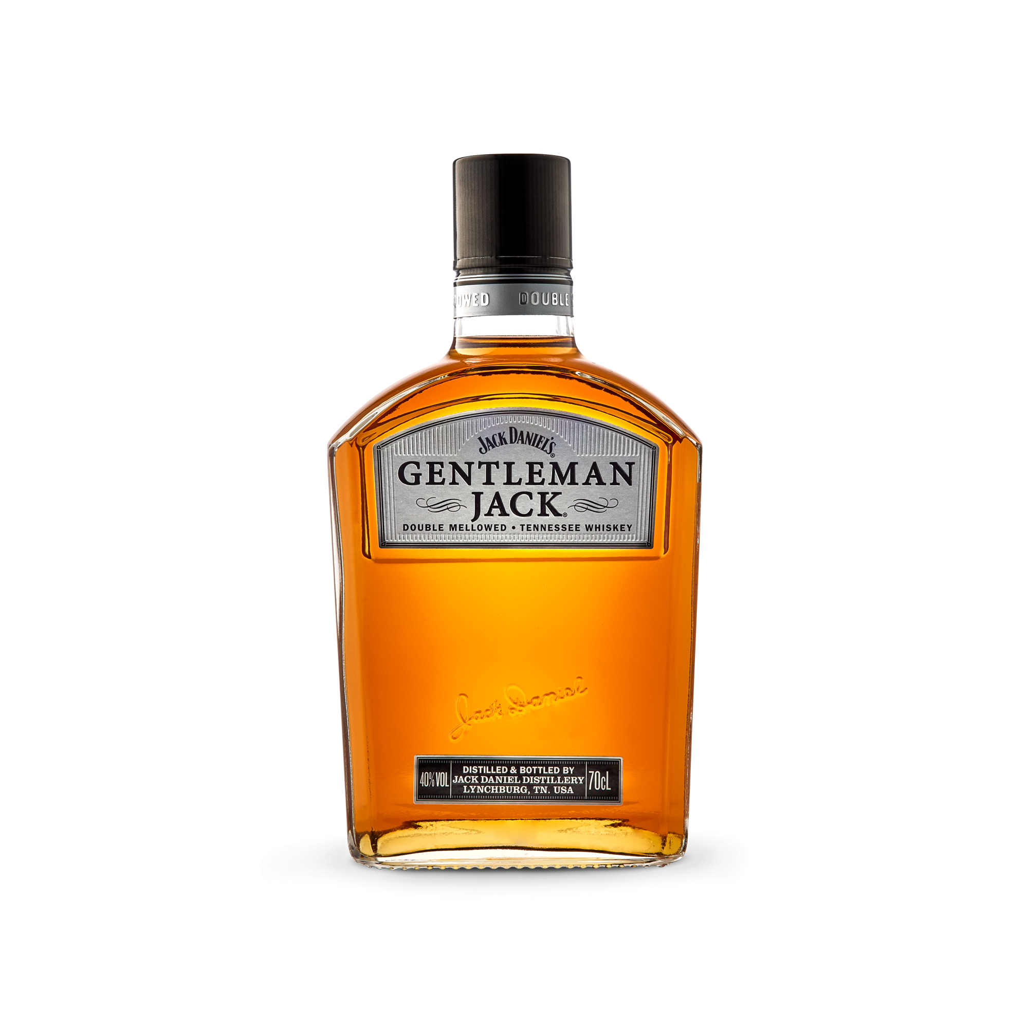 Botella de whisky Gentleman Jack, 70cl, con etiqueta plateada, ideal para sorprender.