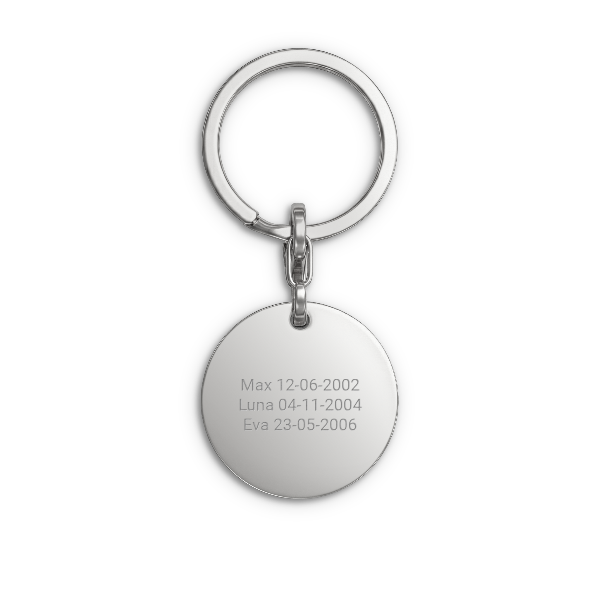 Engraved keyring Round Silver, personalized with the names Max, Luna, and Eva and their birthdates etched onto the surface.