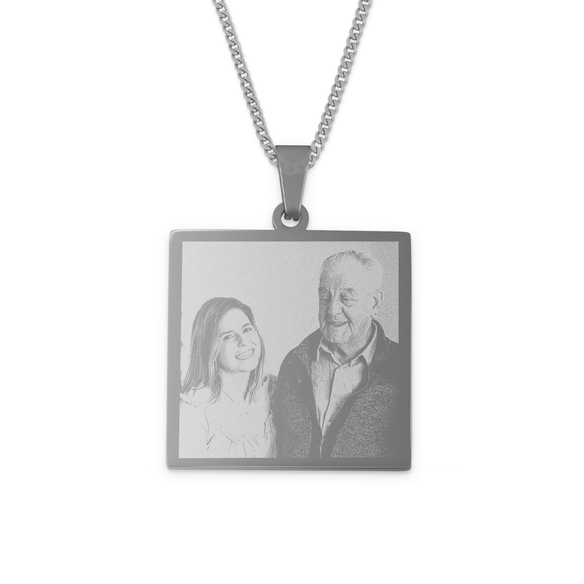 Pingente de ródio quadrado gravado com foto de avô e neta, ideal para presente personalizado